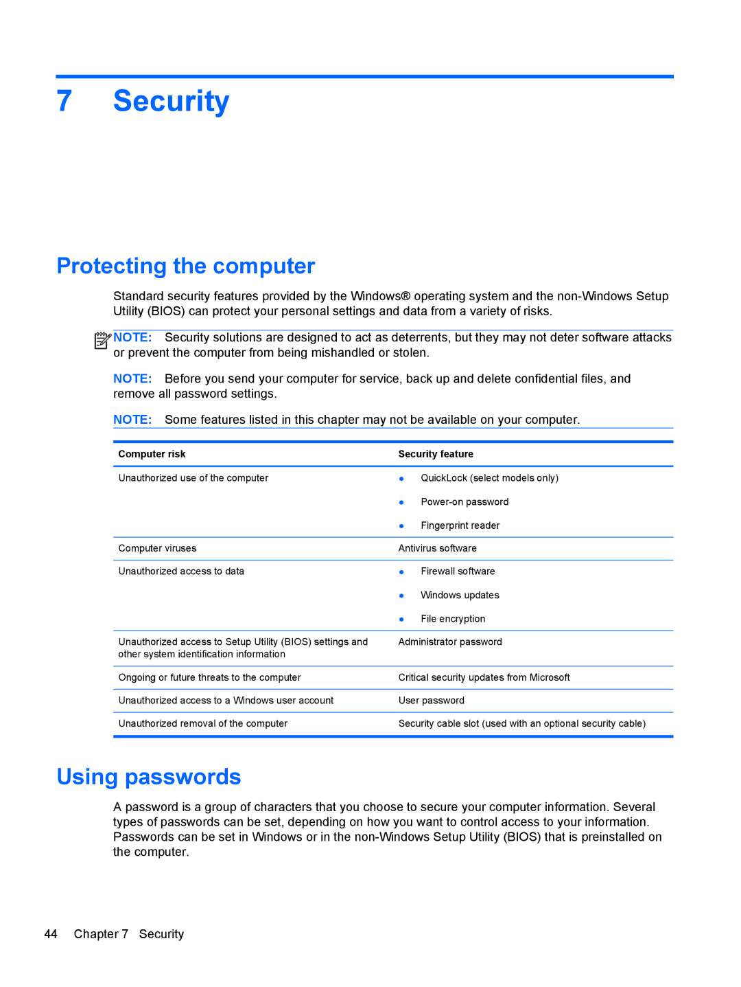 HP : G4 1107NR, : LY849UA, : LW883AW, : B4B15UA manual Security, Protecting the computer, Using passwords 