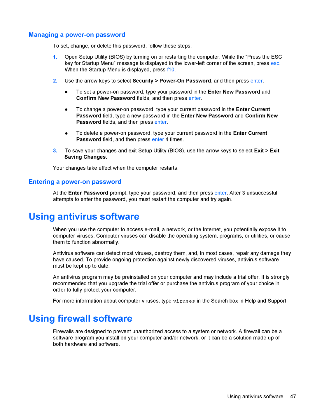 HP : LW883AW Using antivirus software, Using firewall software, Managing a power-on password, Entering a power-on password 