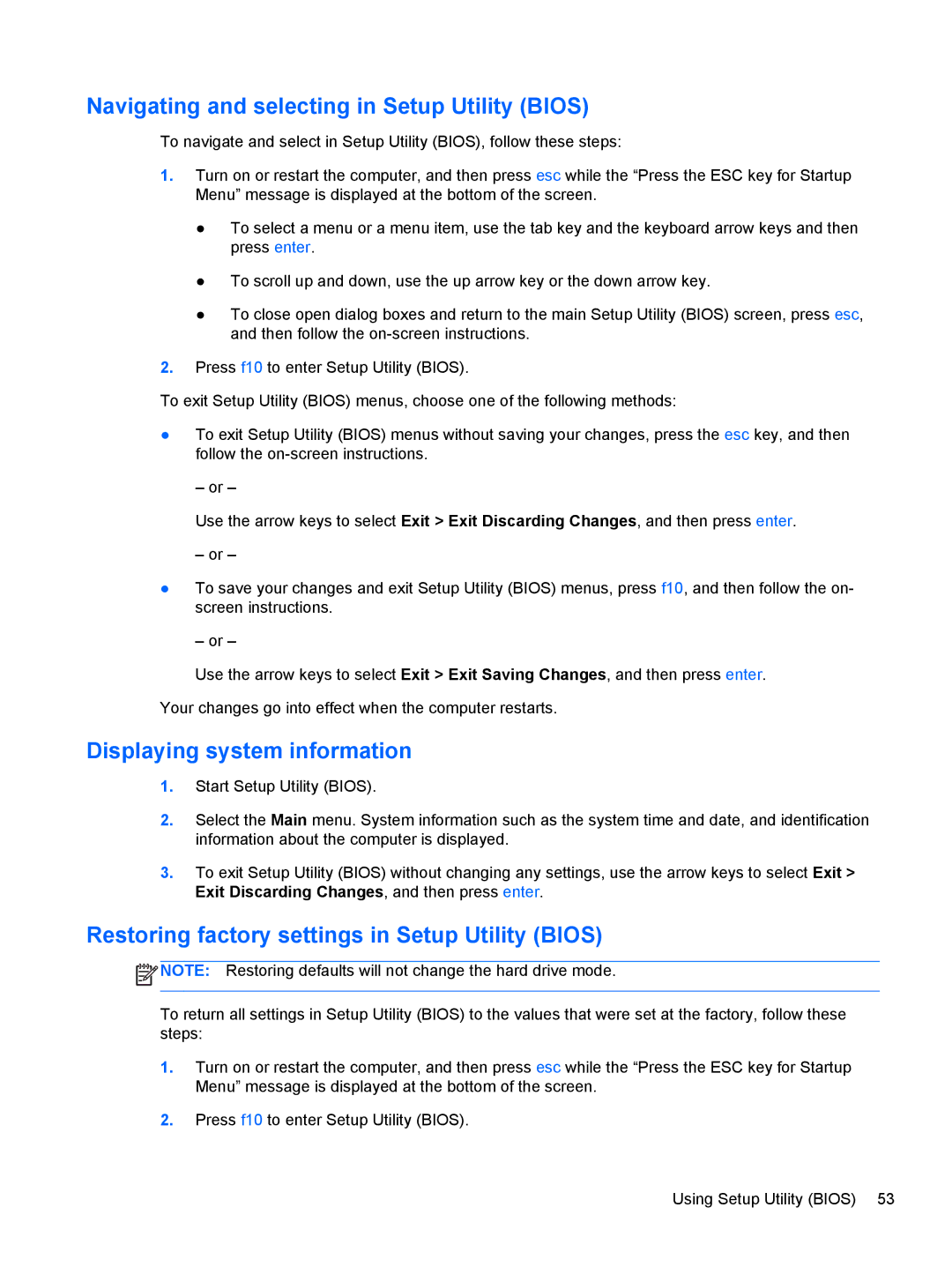 HP : B4B15UA, : LY849UA, : LW883AW manual Navigating and selecting in Setup Utility Bios, Displaying system information 