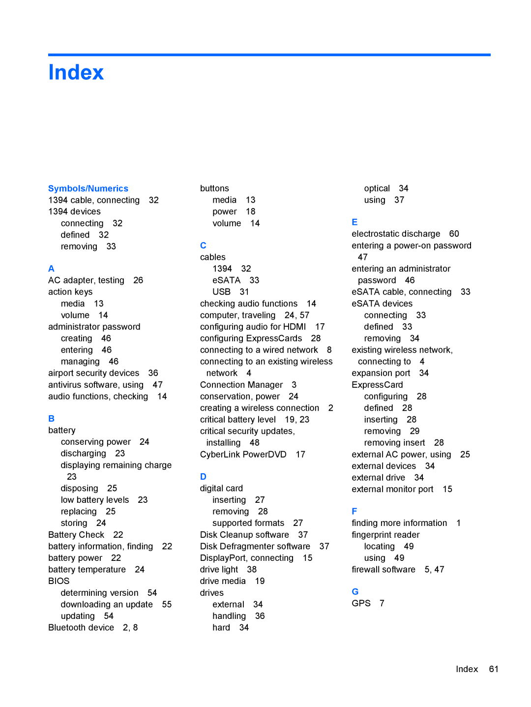 HP : B4B15UA, : LY849UA, : LW883AW, : G4 1107NR manual Index, Symbols/Numerics 