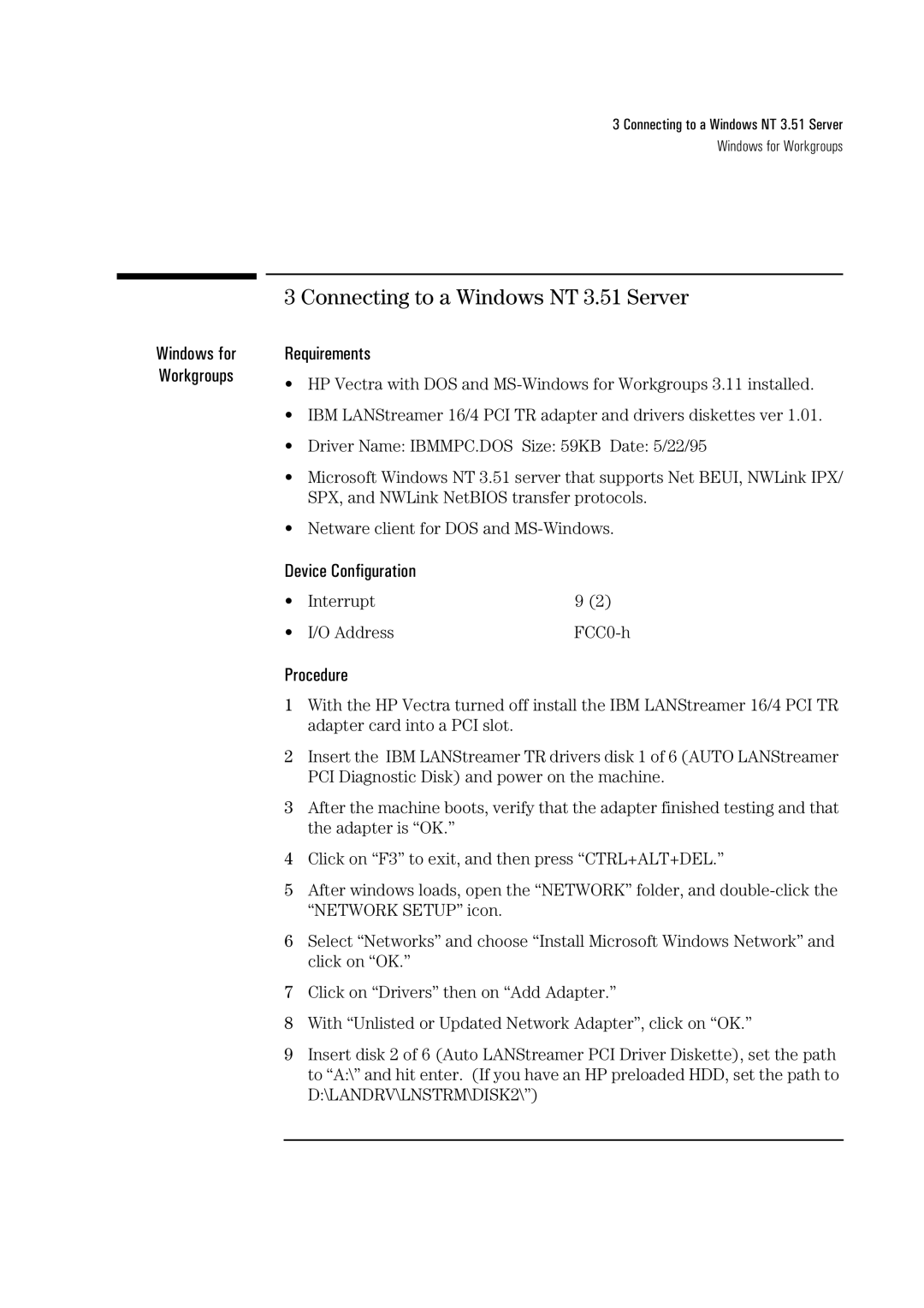 HP 04H8095 manual Connecting to a Windows NT 3.51 Server 