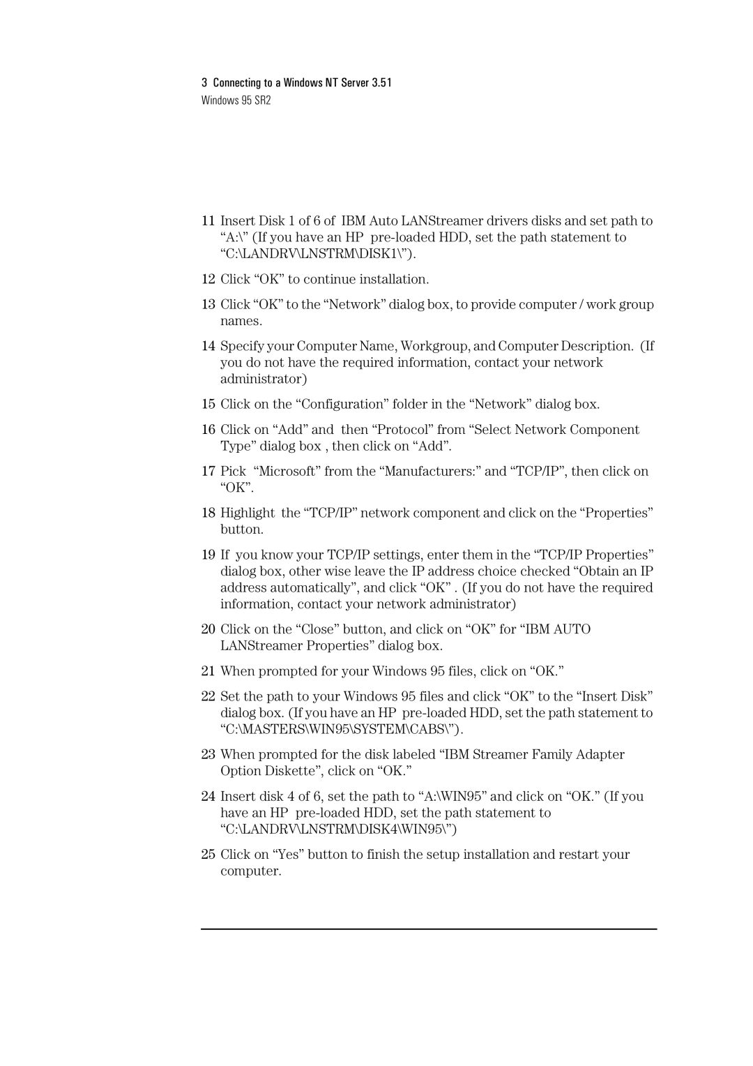 HP 04H8095 manual Connecting to a Windows NT Server 3.51 Windows 95 SR2 