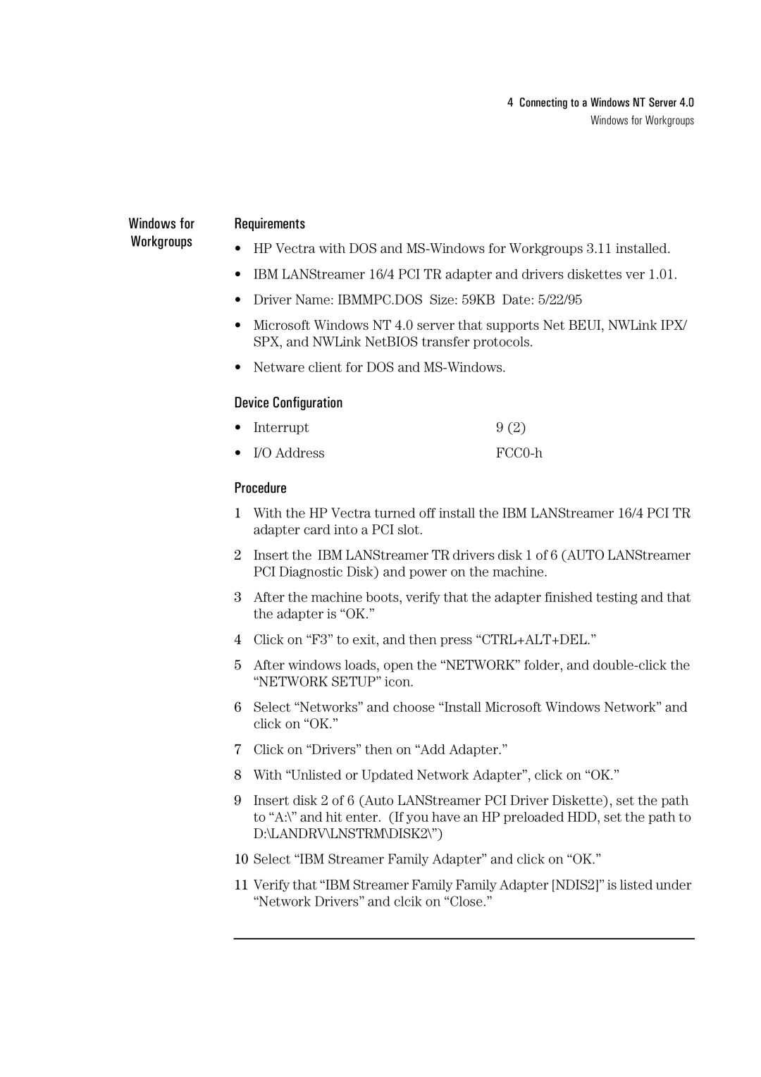 HP 04H8095 manual Connecting to a Windows NT Server 4.0 Windows for Workgroups 