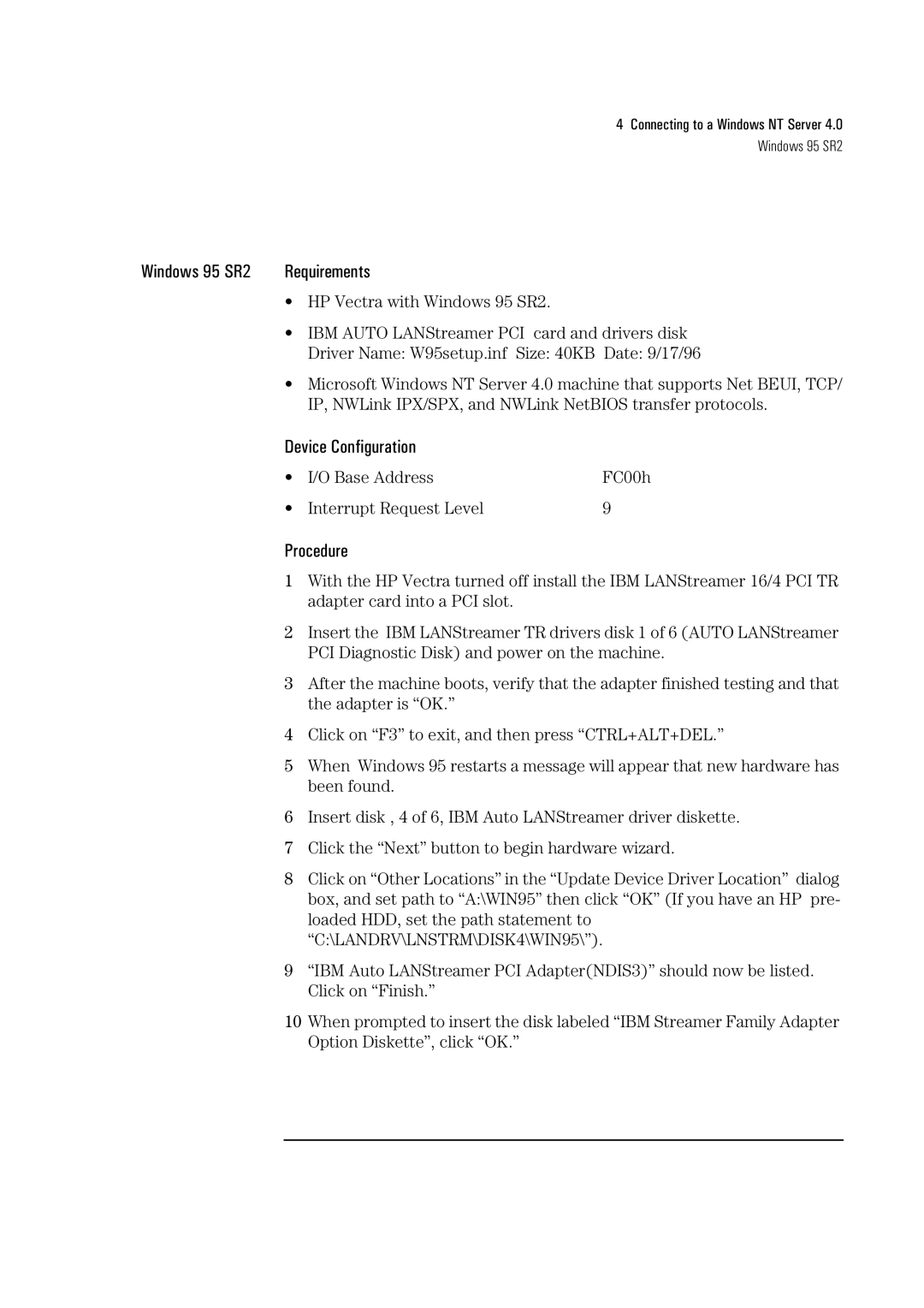 HP 04H8095 manual Windows 95 SR2 Requirements 