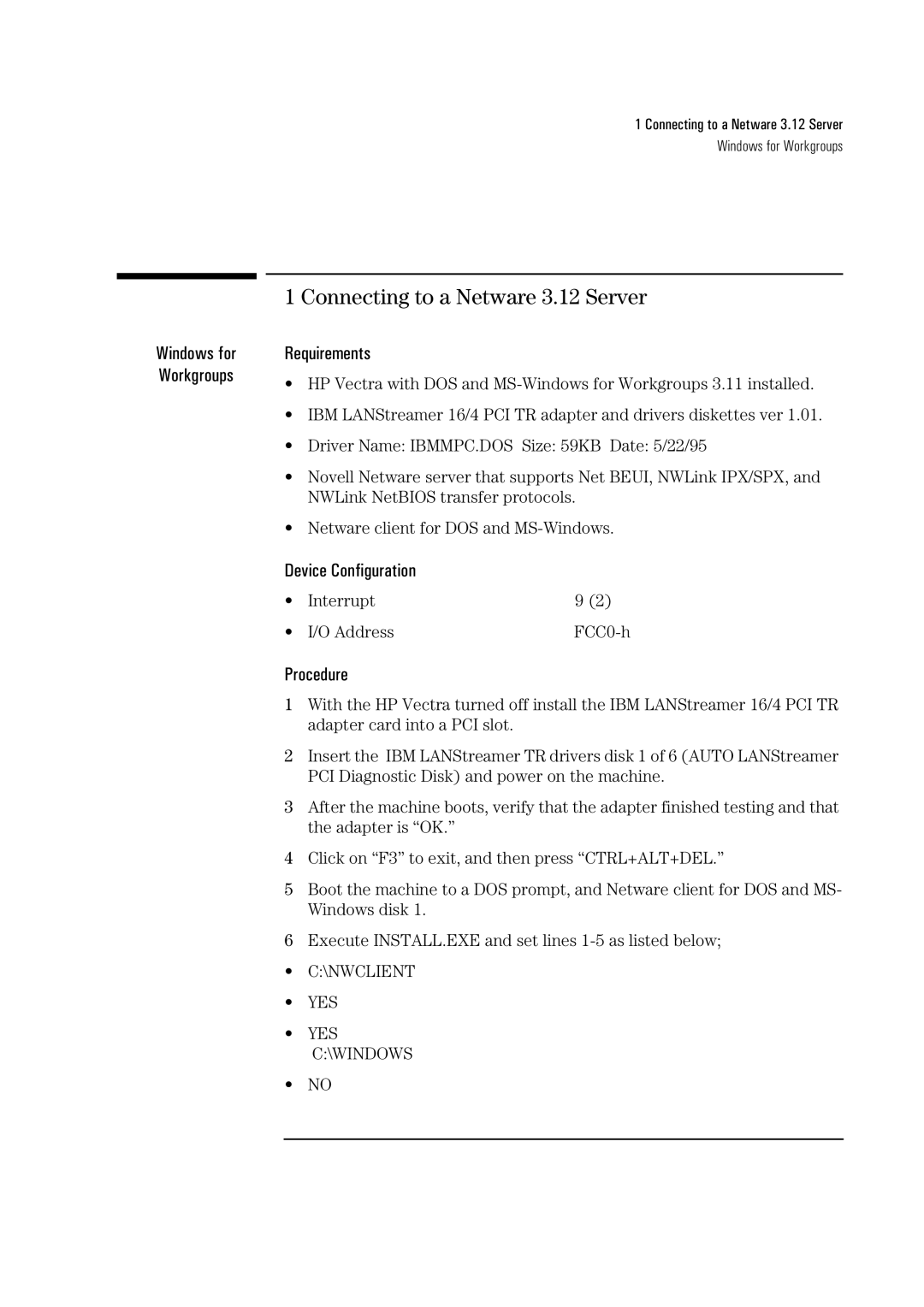 HP 04H8095 manual Connecting to a Netware 3.12 Server 