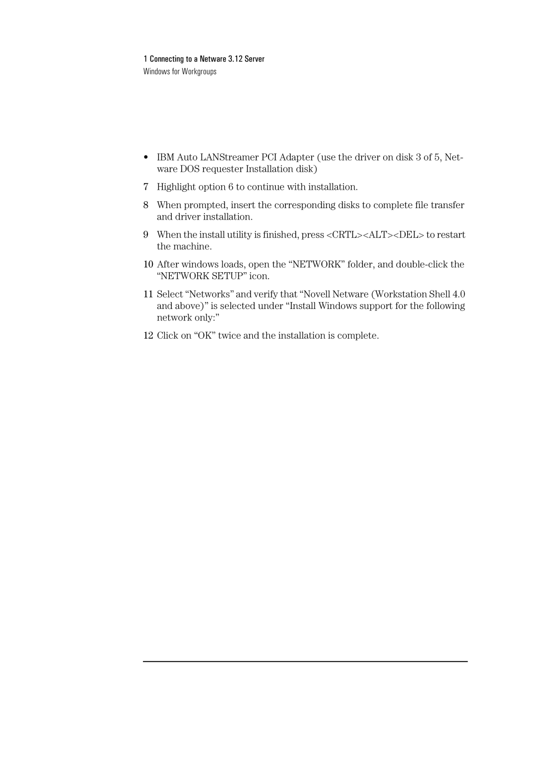 HP 04H8095 manual Connecting to a Netware 3.12 Server Windows for Workgroups 