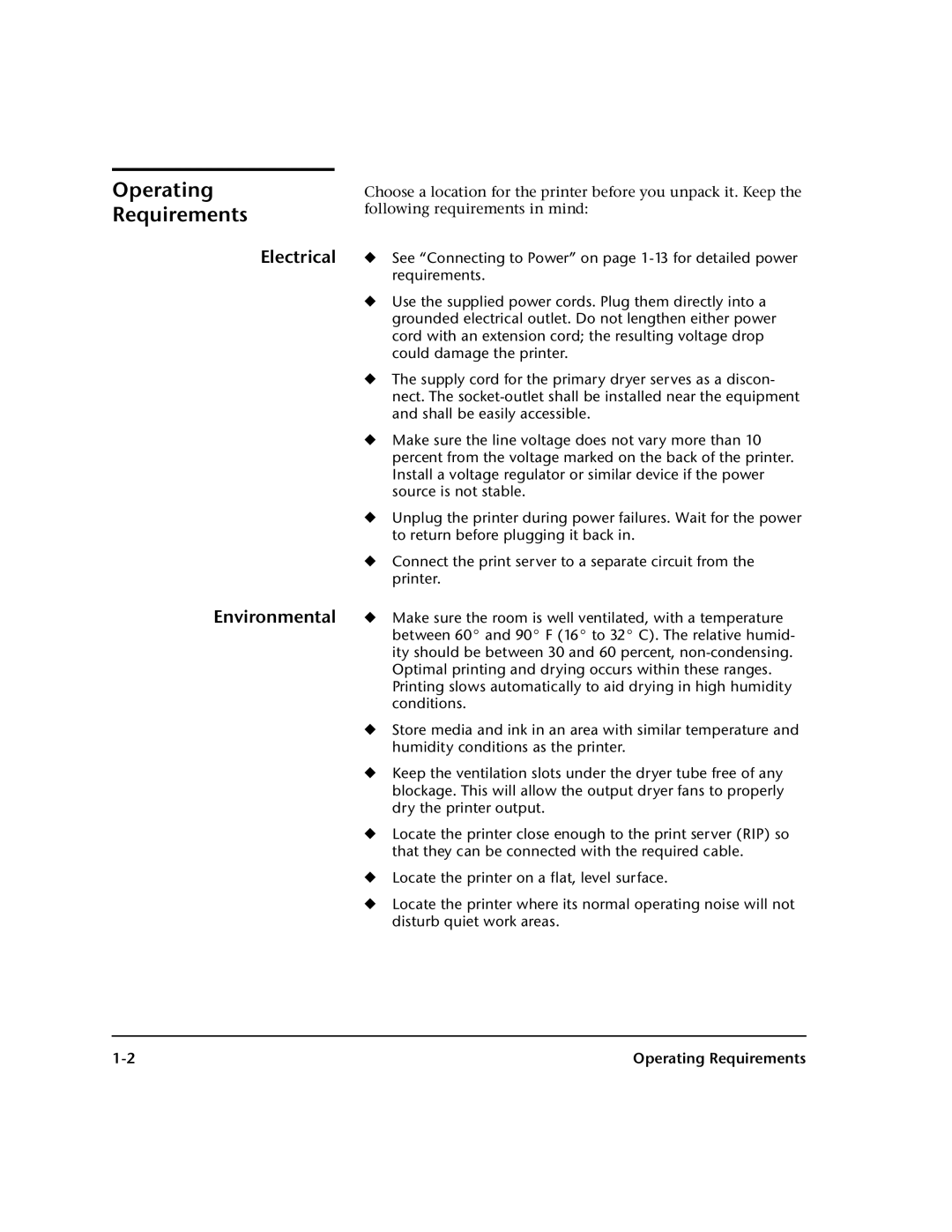 HP 0706124 REV B manual Operating Requirements, Electrical Environmental 