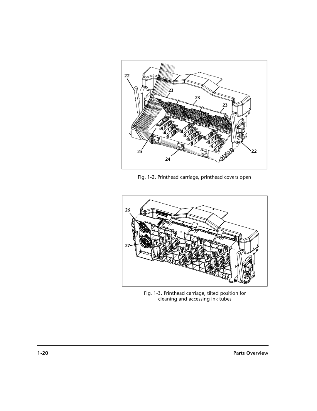 HP 0706124 REV B manual Printhead carriage, printhead covers open 