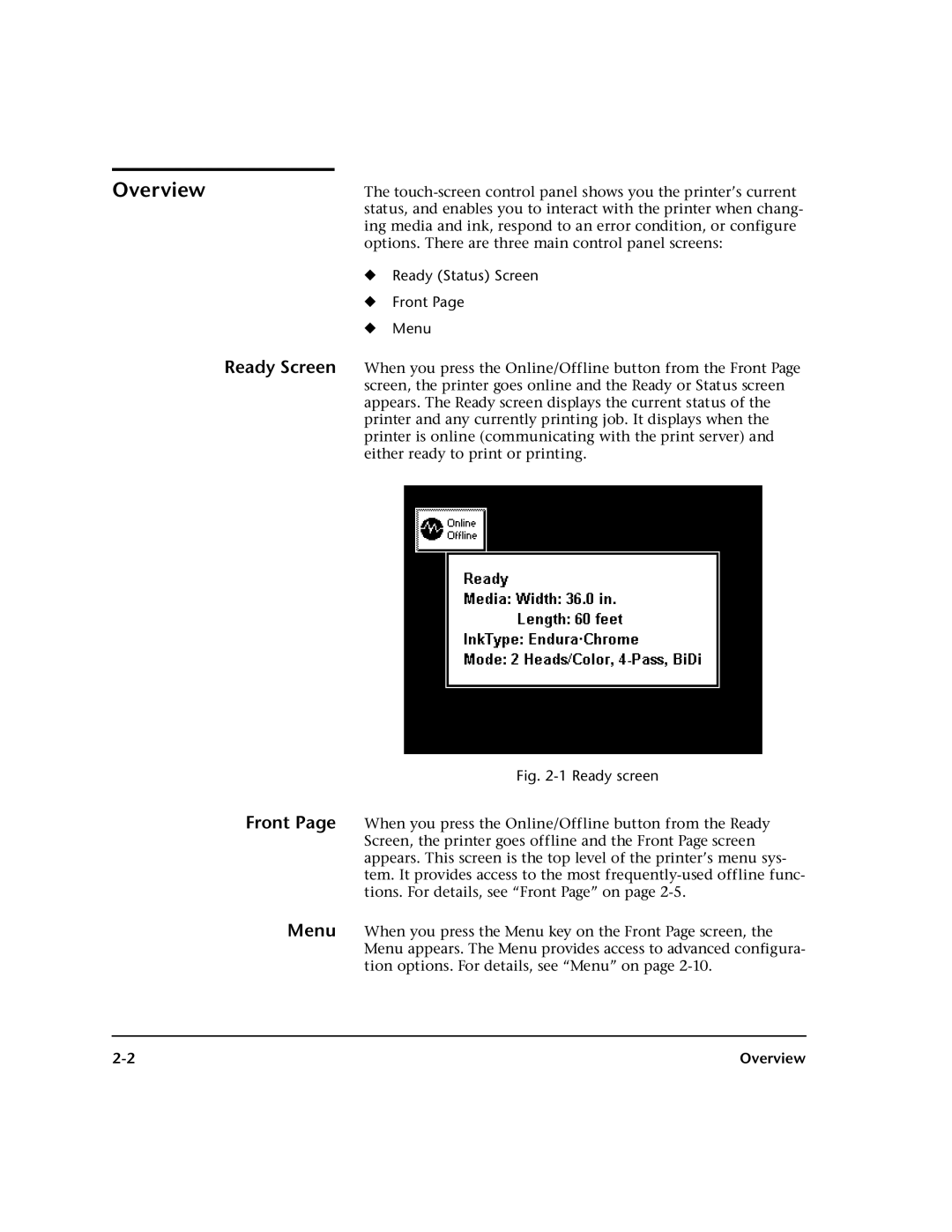 HP 0706124 REV B manual Overview, Ready Screen Front Menu, Ready Status Screen Front Menu 