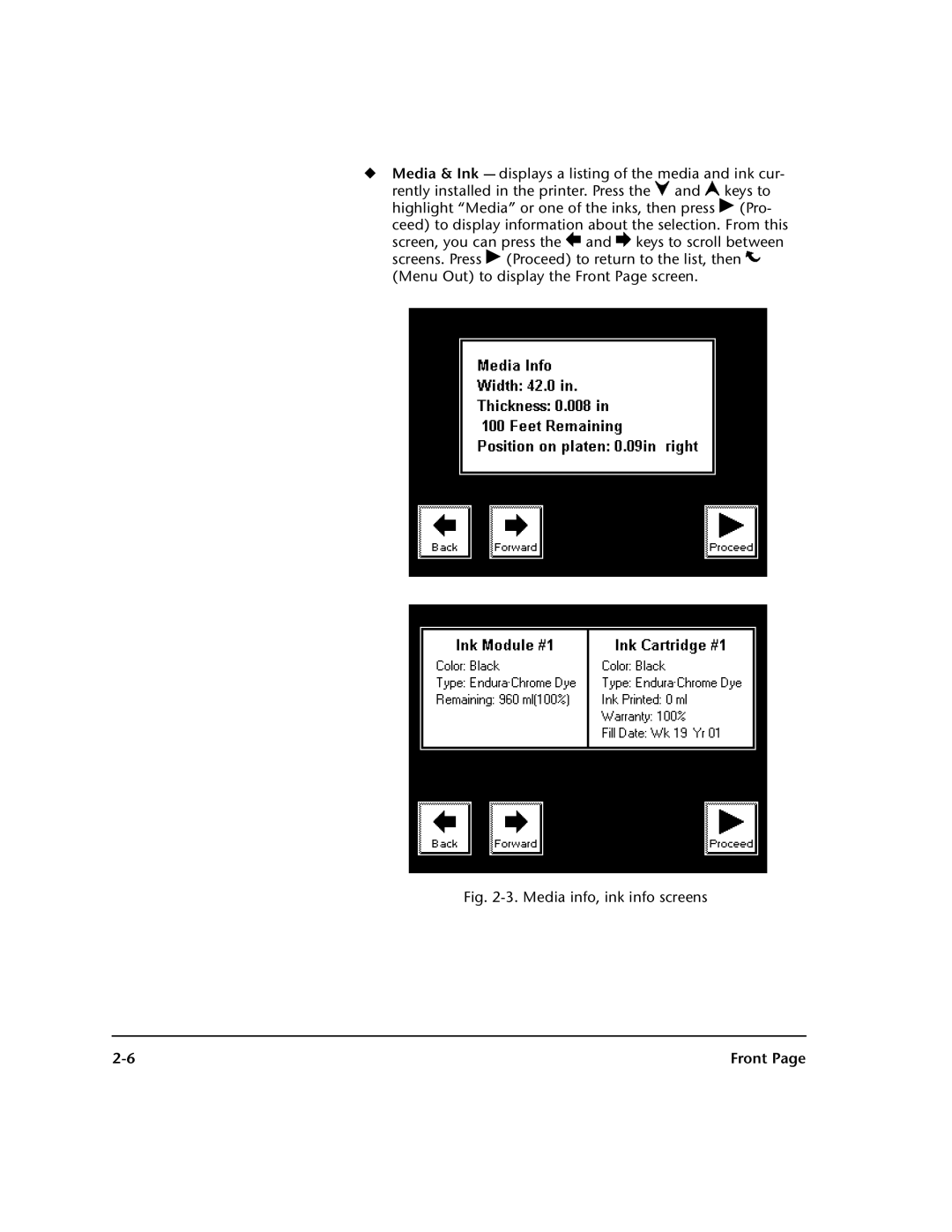 HP 0706124 REV B manual Media info, ink info screens, Front 