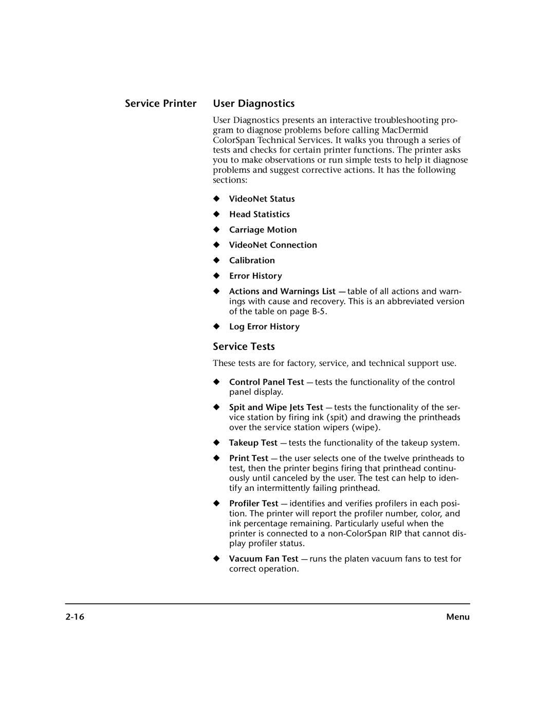 HP 0706124 REV B manual Service Printer User Diagnostics, Service Tests 