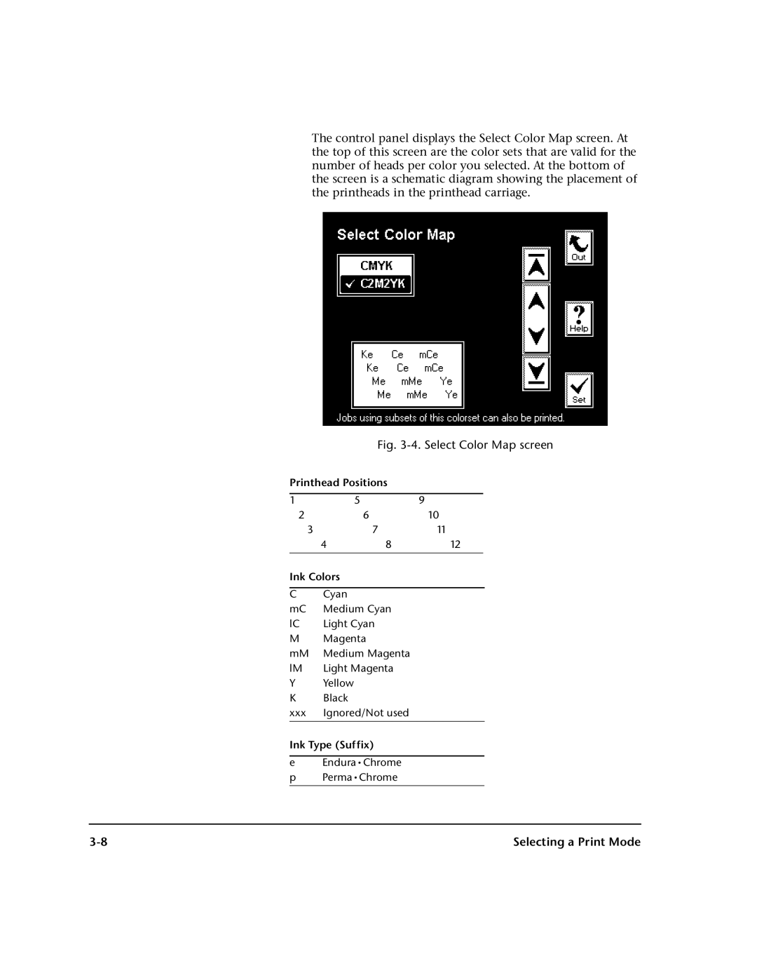 HP 0706124 REV B manual Printhead Positions Ink Colors, Ink Type Suffix, Selecting a Print Mode 