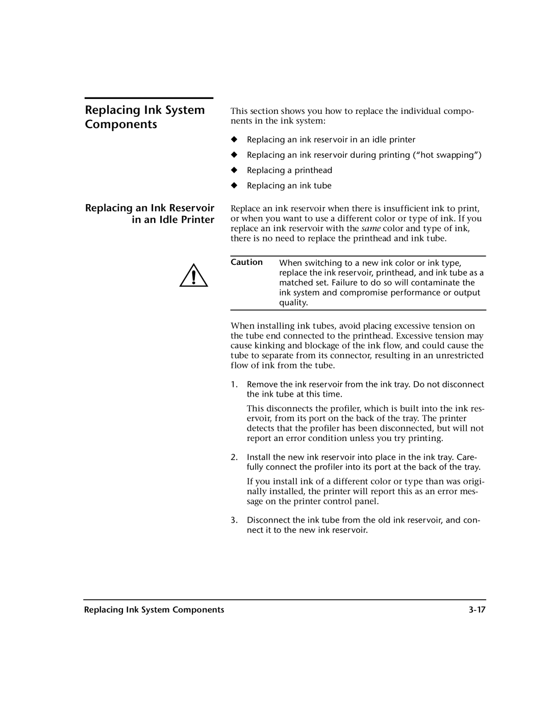 HP 0706124 REV B manual Replacing Ink System Components 