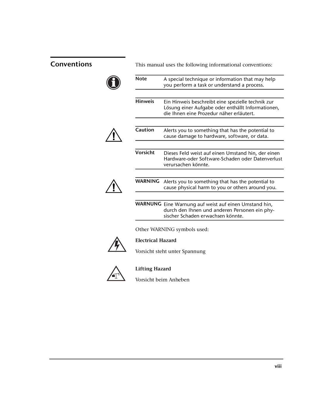 HP 0706124 REV B manual Conventions, Hinweis, Vorsicht, Viii 