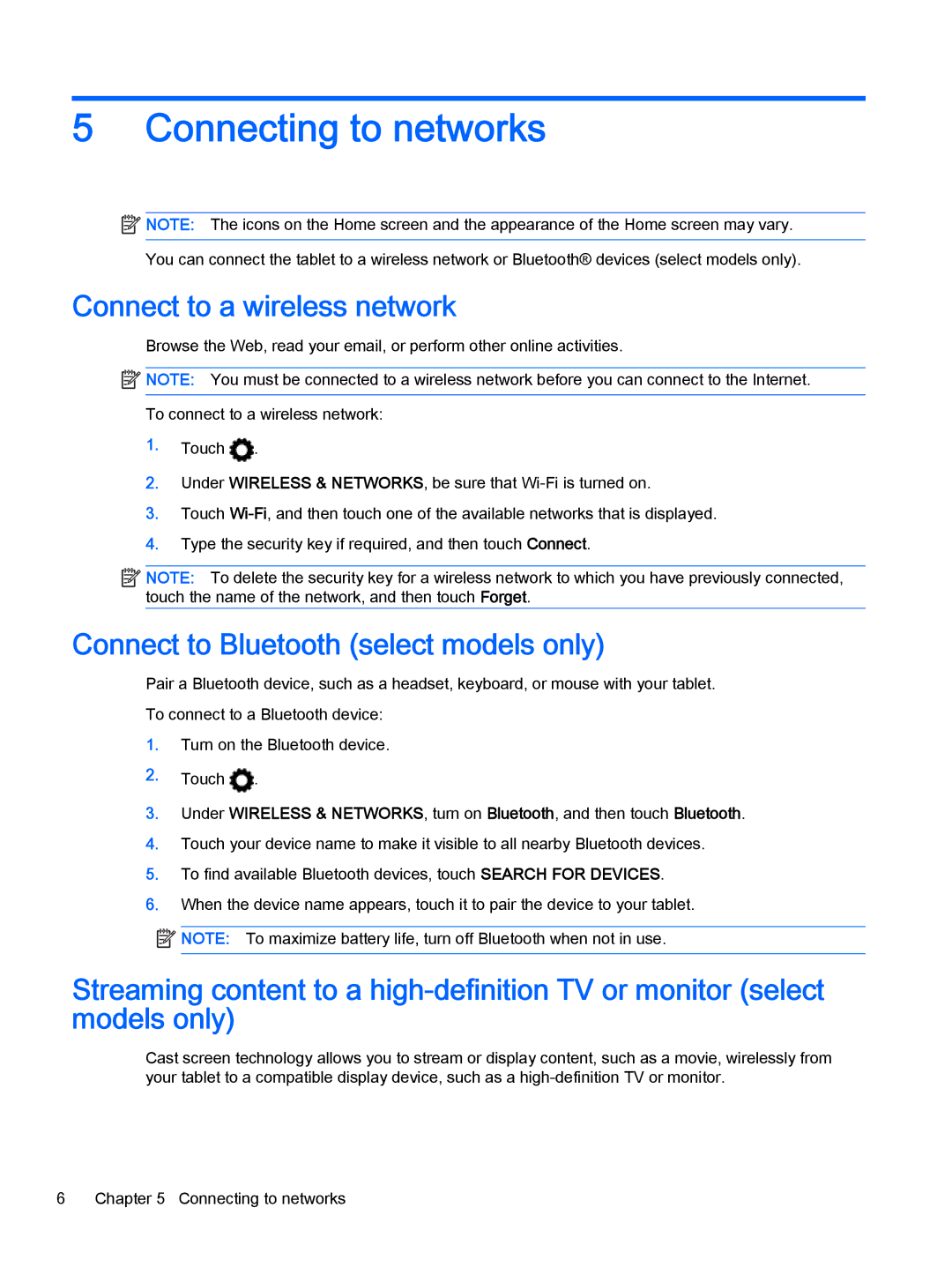 HP 10 - 2101us, 7 G2 - 1311 Connecting to networks, Connect to a wireless network, Connect to Bluetooth select models only 