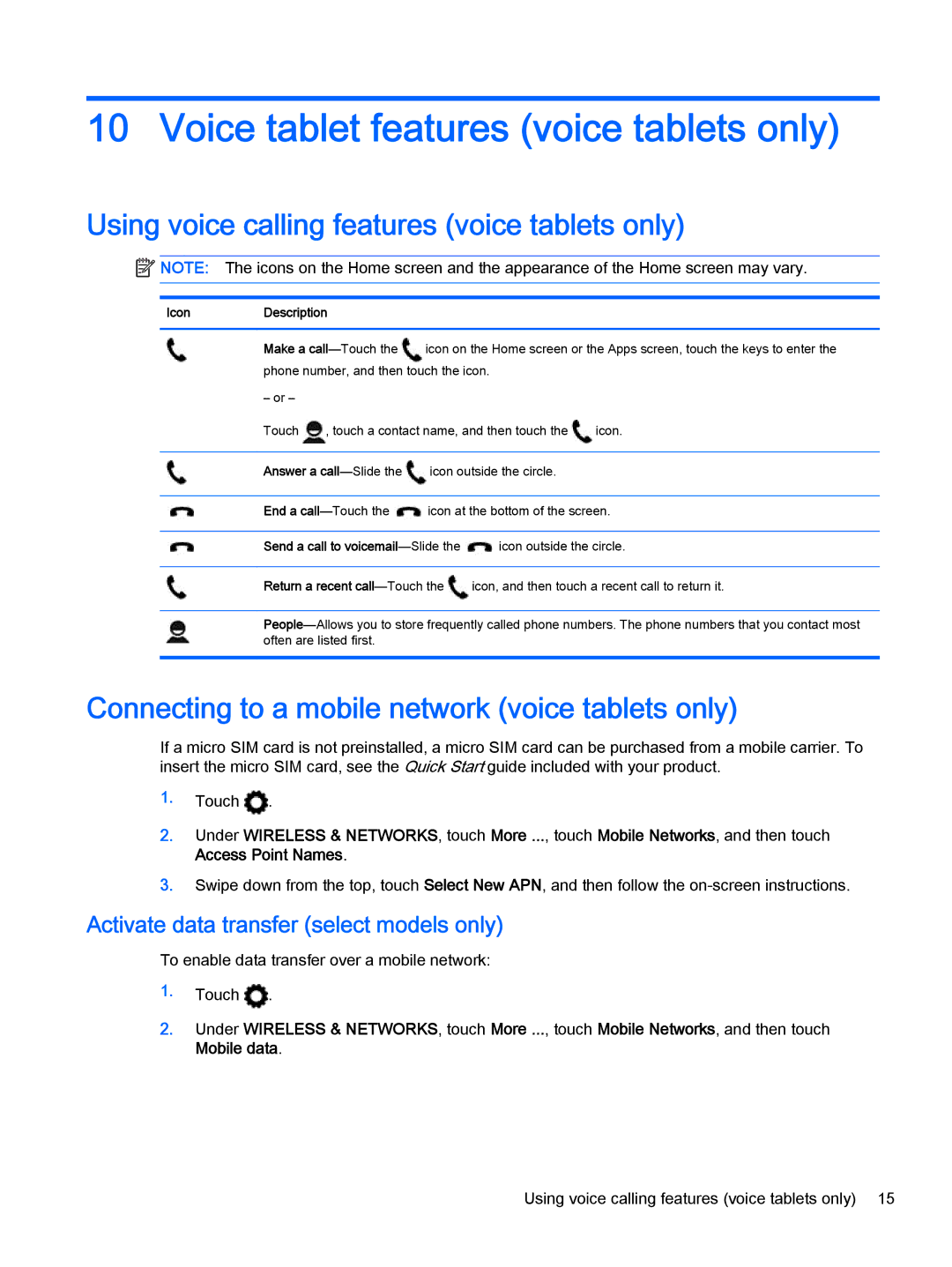 HP 7 Beats 4501us, 10 - 2101us Voice tablet features voice tablets only, Using voice calling features voice tablets only 