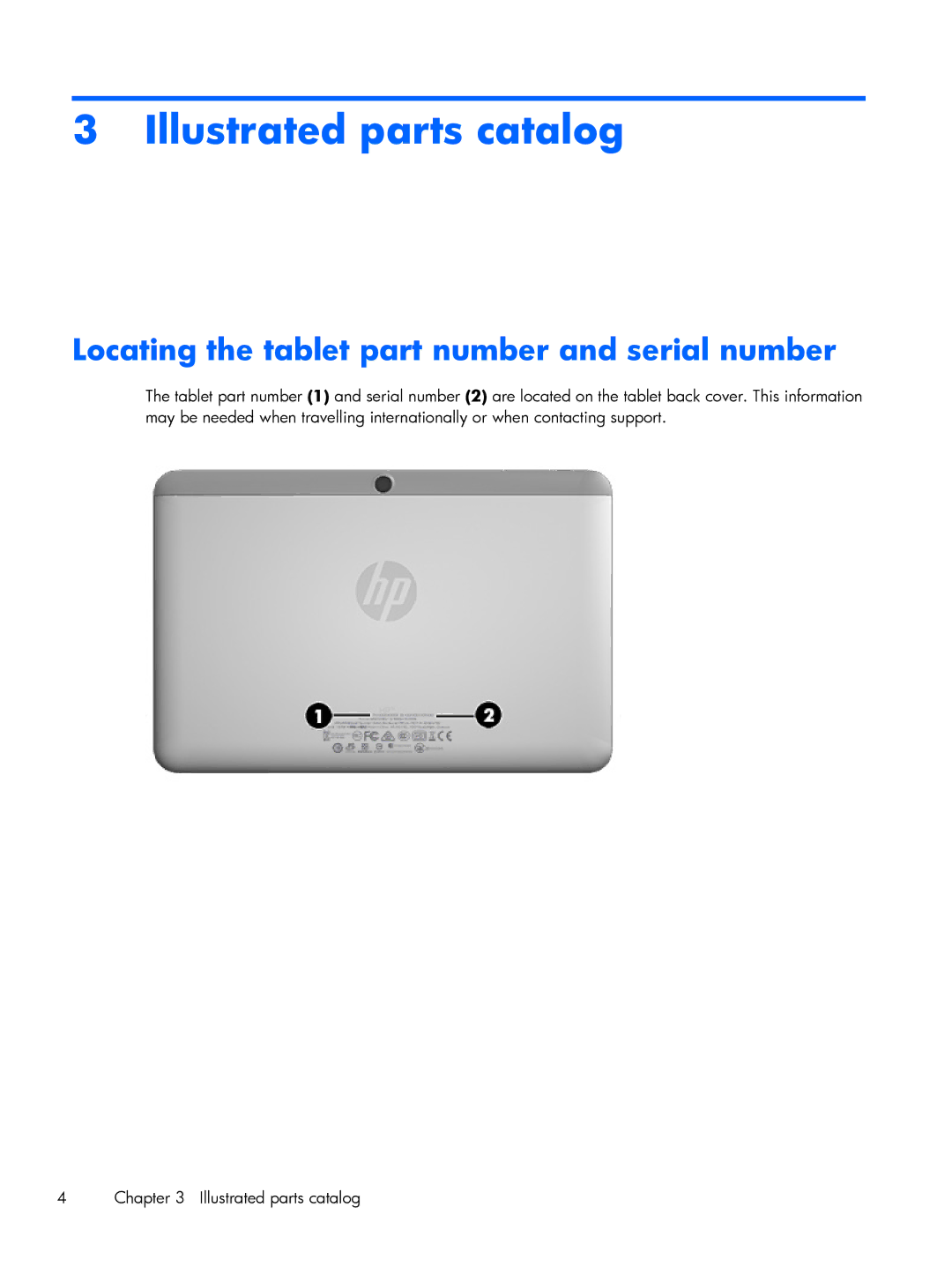 HP 10 2101 manual Illustrated parts catalog, Locating the tablet part number and serial number 