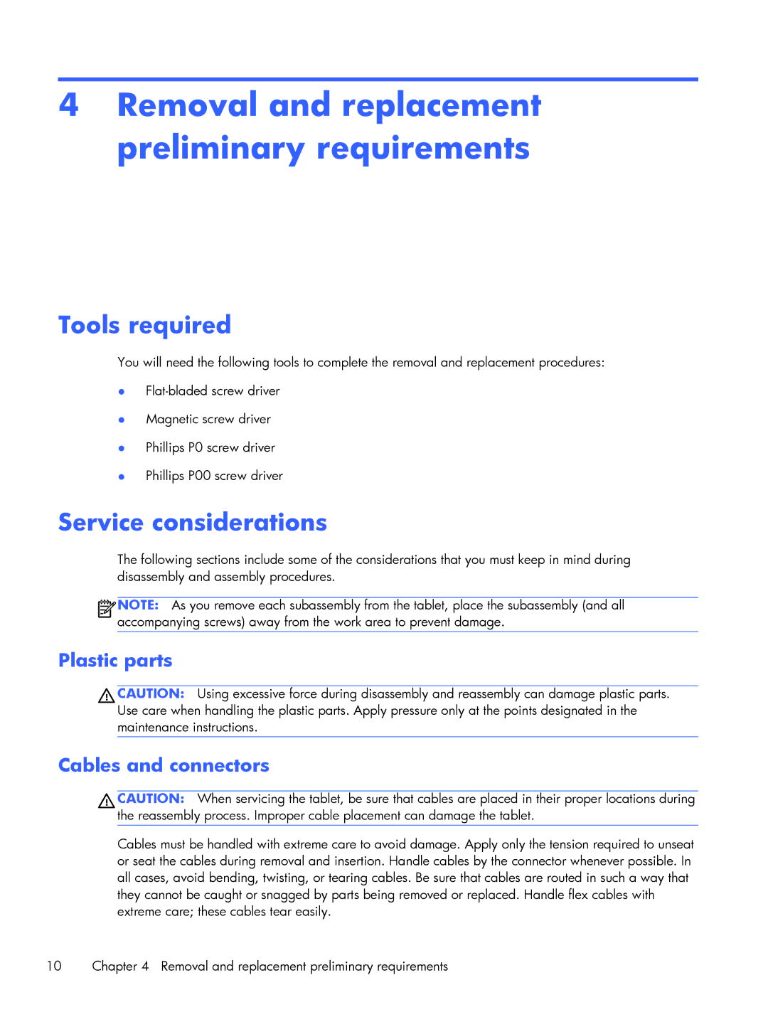 HP 10 2101 manual Removal and replacement preliminary requirements, Tools required, Service considerations 