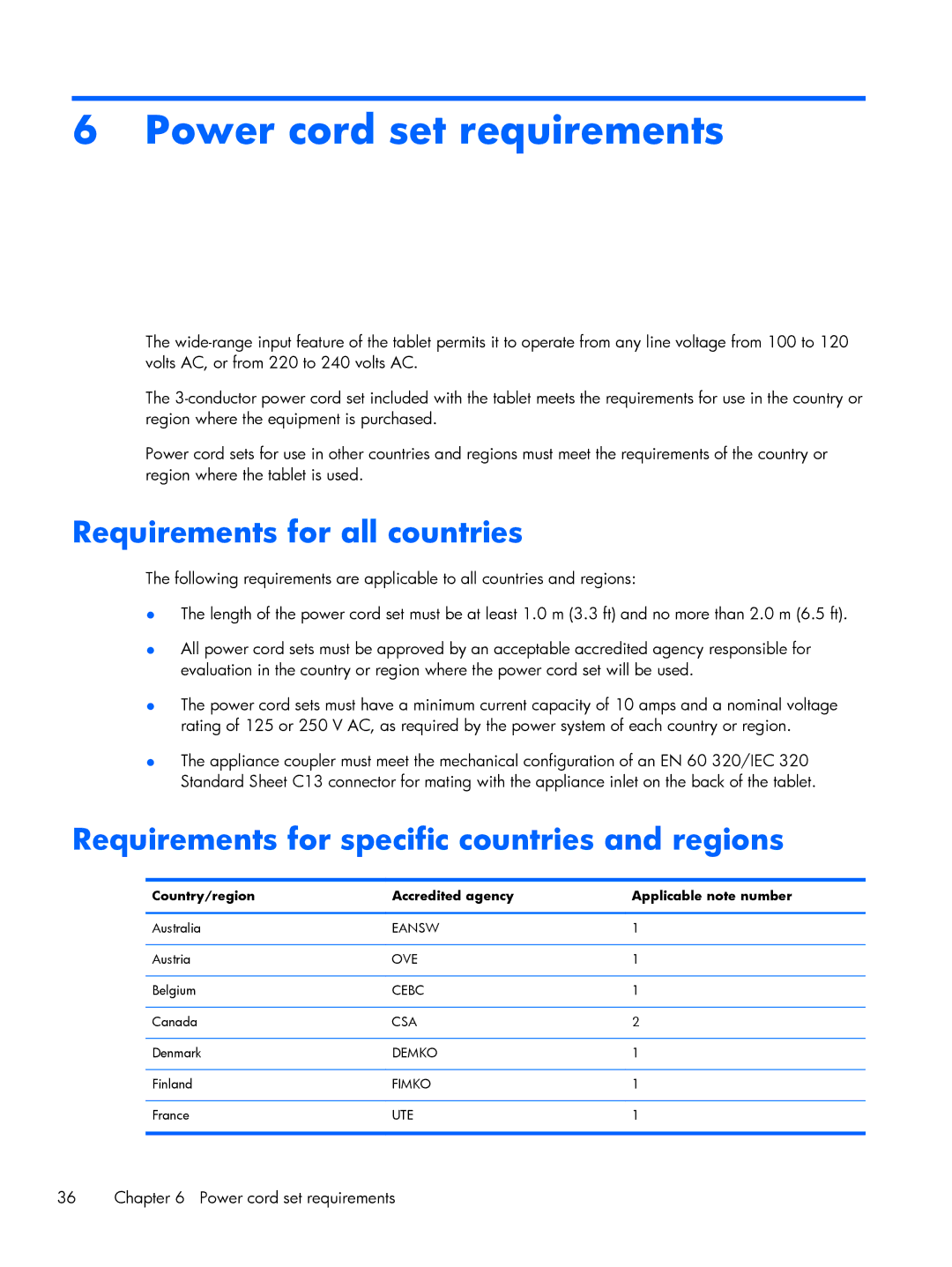 HP 10 2101 Power cord set requirements, Requirements for all countries, Requirements for specific countries and regions 