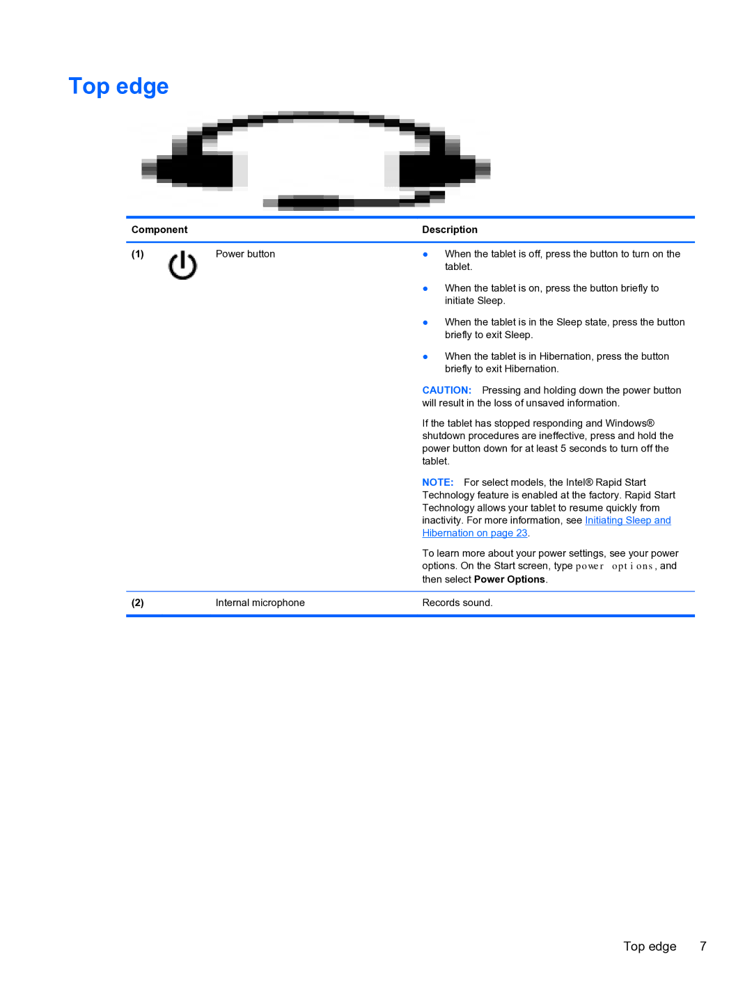 HP 10 5600 F4C56UAABA manual Top edge, Hibernation on 