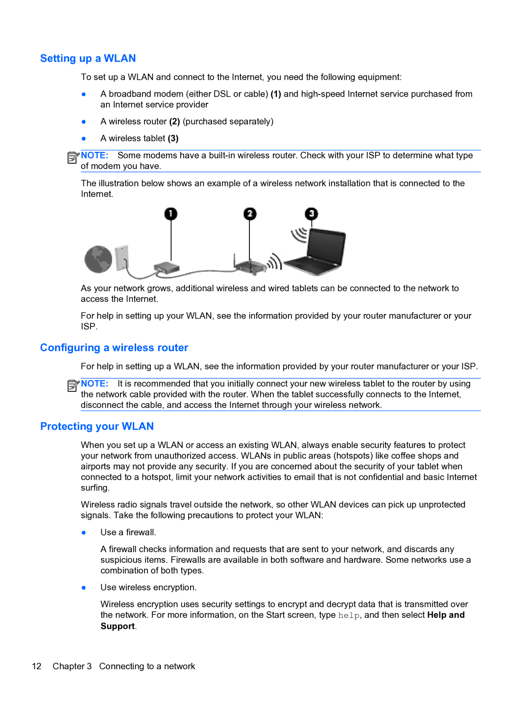 HP 10 5600 F4C56UAABA manual Setting up a Wlan, Configuring a wireless router, Protecting your Wlan 