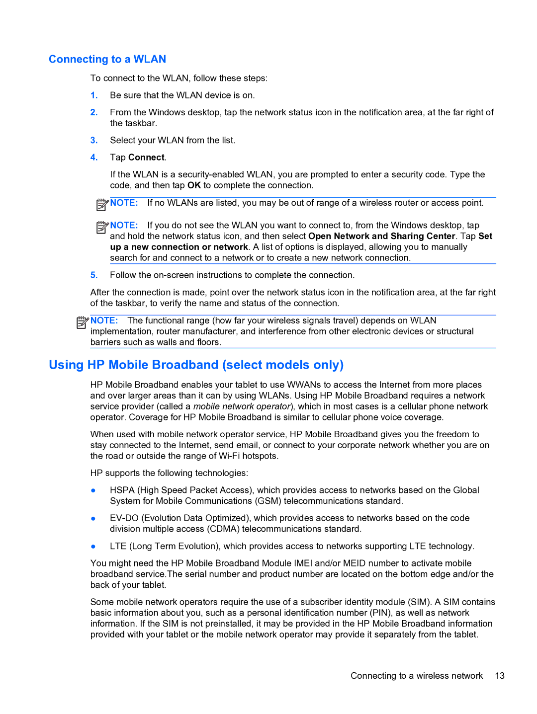 HP 10 5600 F4C56UAABA manual Using HP Mobile Broadband select models only, Connecting to a Wlan 