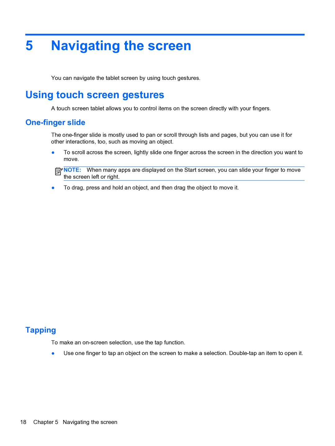 HP 10 5600 F4C56UAABA manual Navigating the screen, Using touch screen gestures, One-finger slide, Tapping 