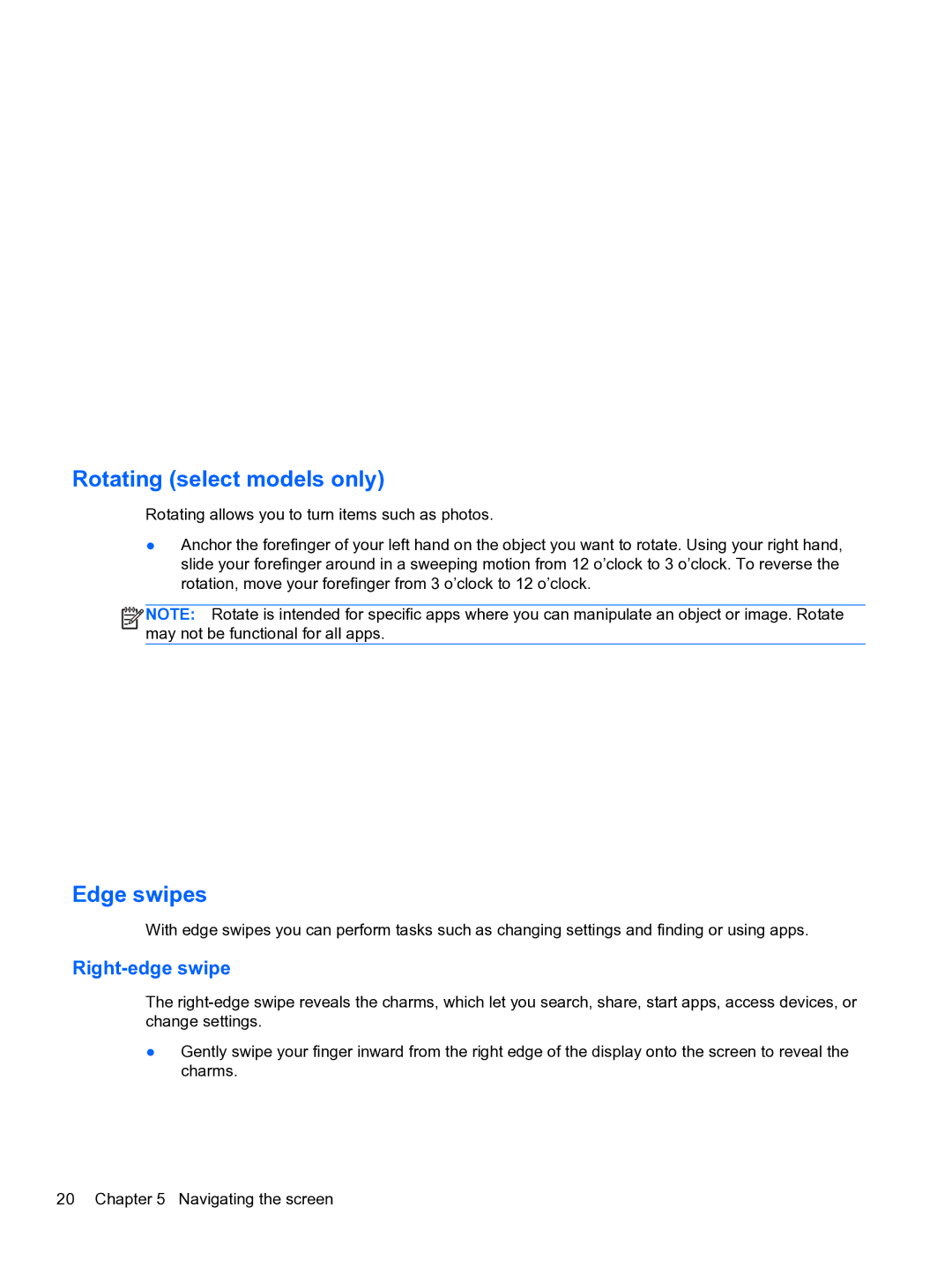 HP 10 5600 F4C56UAABA manual Rotating select models only, Edge swipes, Right-edge swipe 