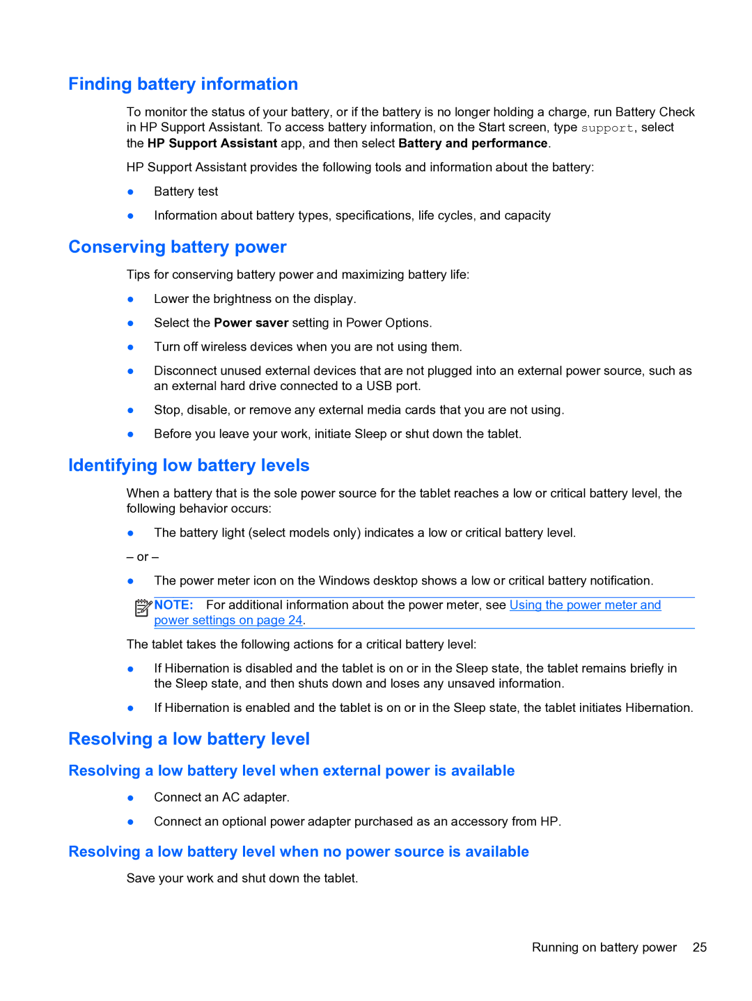 HP 10 5600 F4C56UAABA manual Finding battery information, Conserving battery power, Identifying low battery levels 