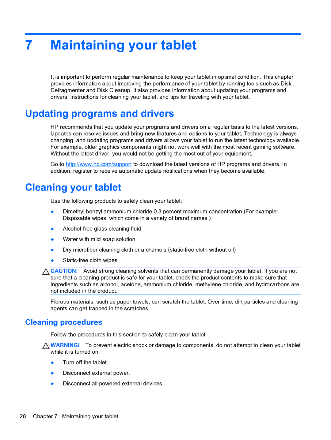 HP 10 5600 F4C56UAABA Maintaining your tablet, Updating programs and drivers, Cleaning your tablet, Cleaning procedures 