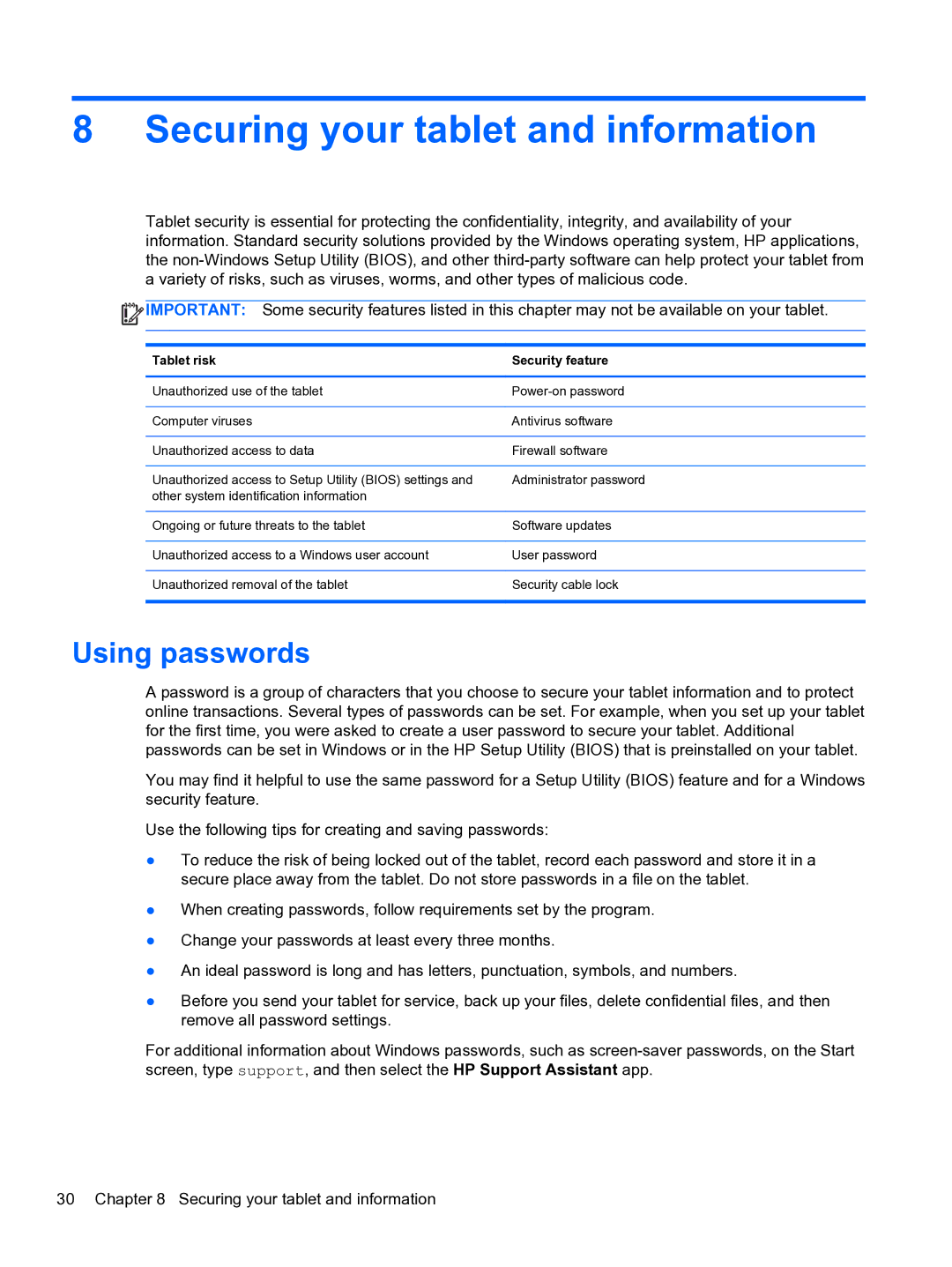 HP 10 5600 F4C56UAABA manual Securing your tablet and information, Using passwords 