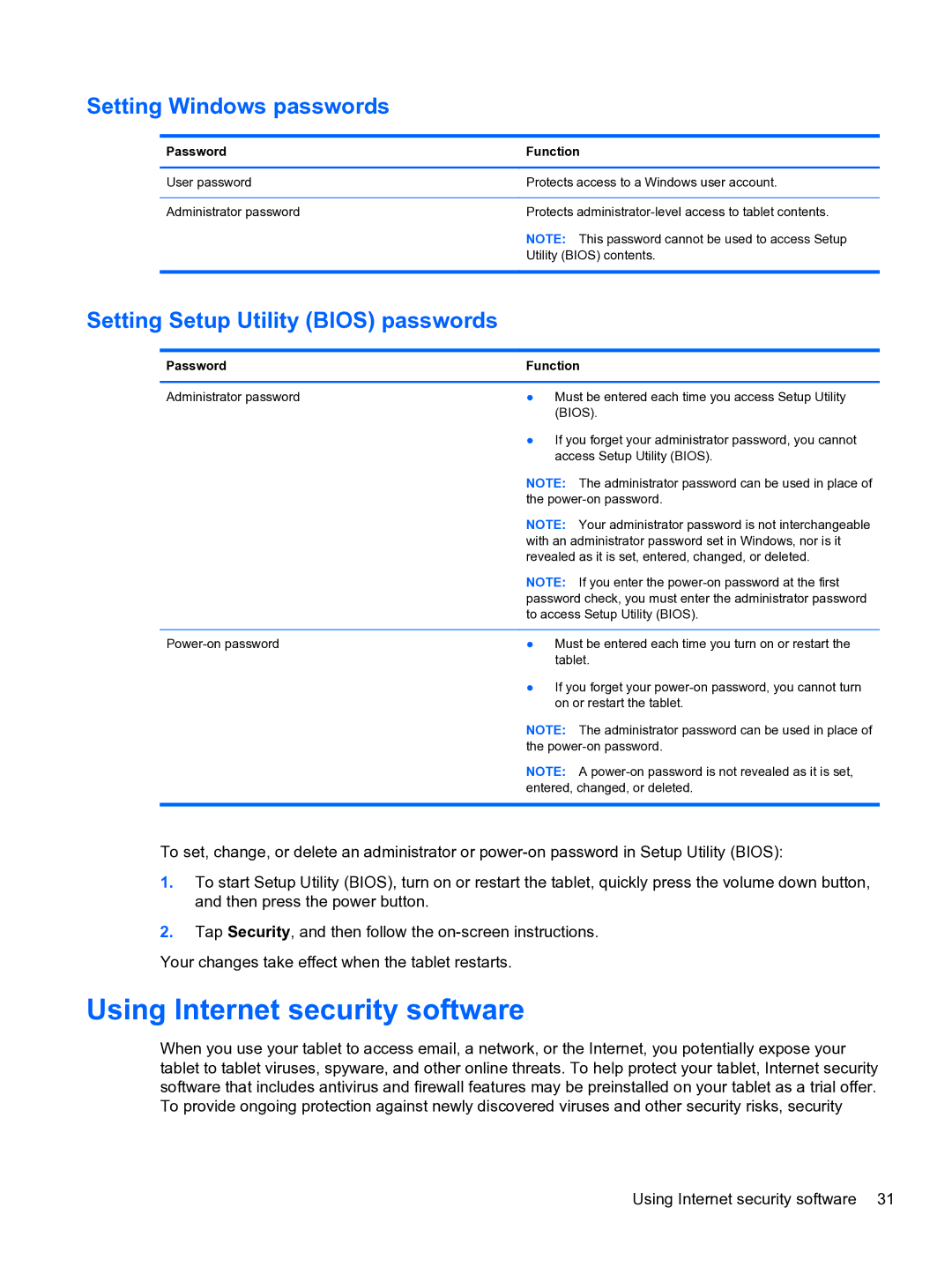 HP 10 5600 F4C56UAABA Using Internet security software, Setting Windows passwords, Setting Setup Utility Bios passwords 