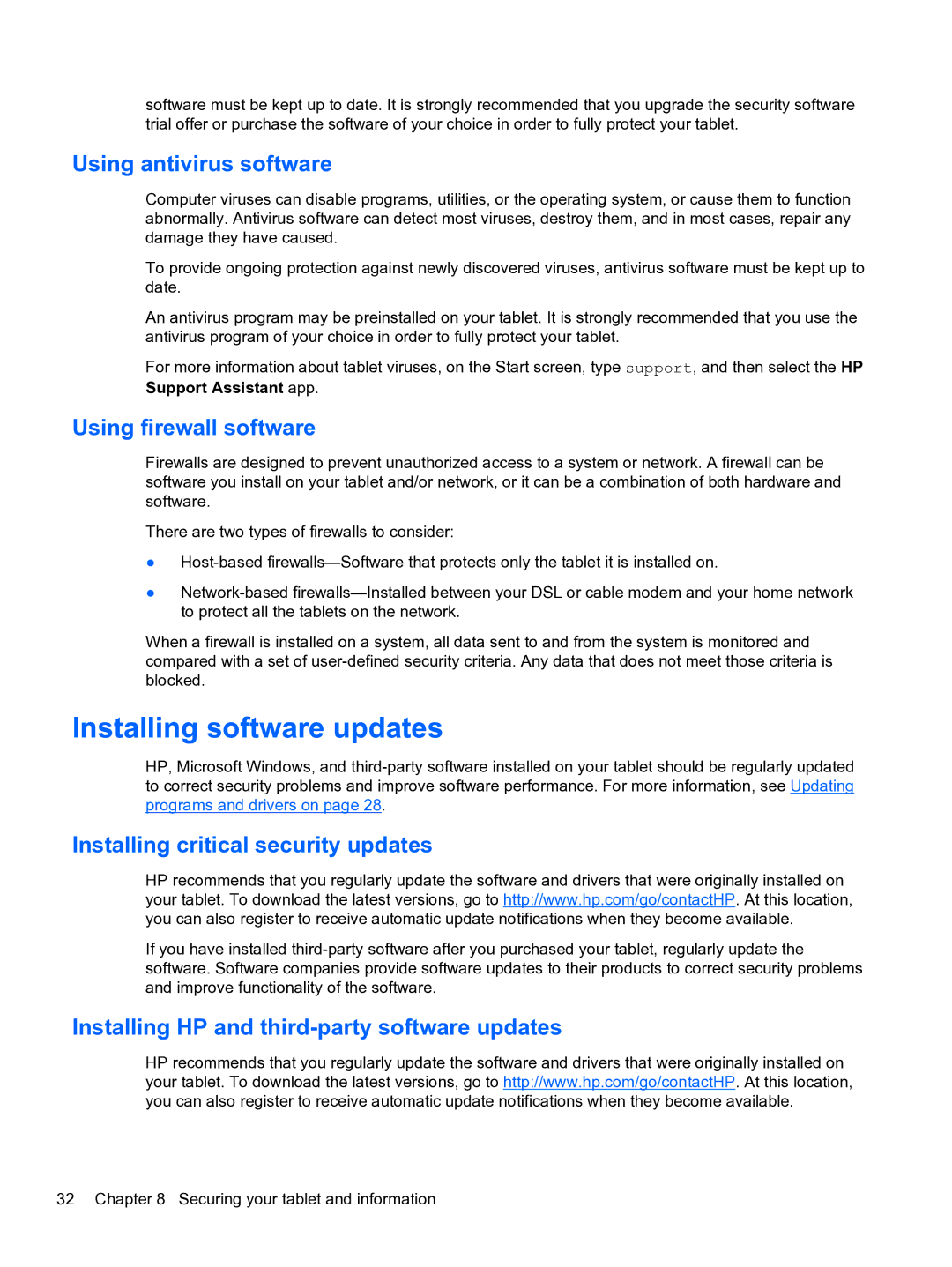 HP 10 5600 F4C56UAABA manual Installing software updates, Using antivirus software, Using firewall software 