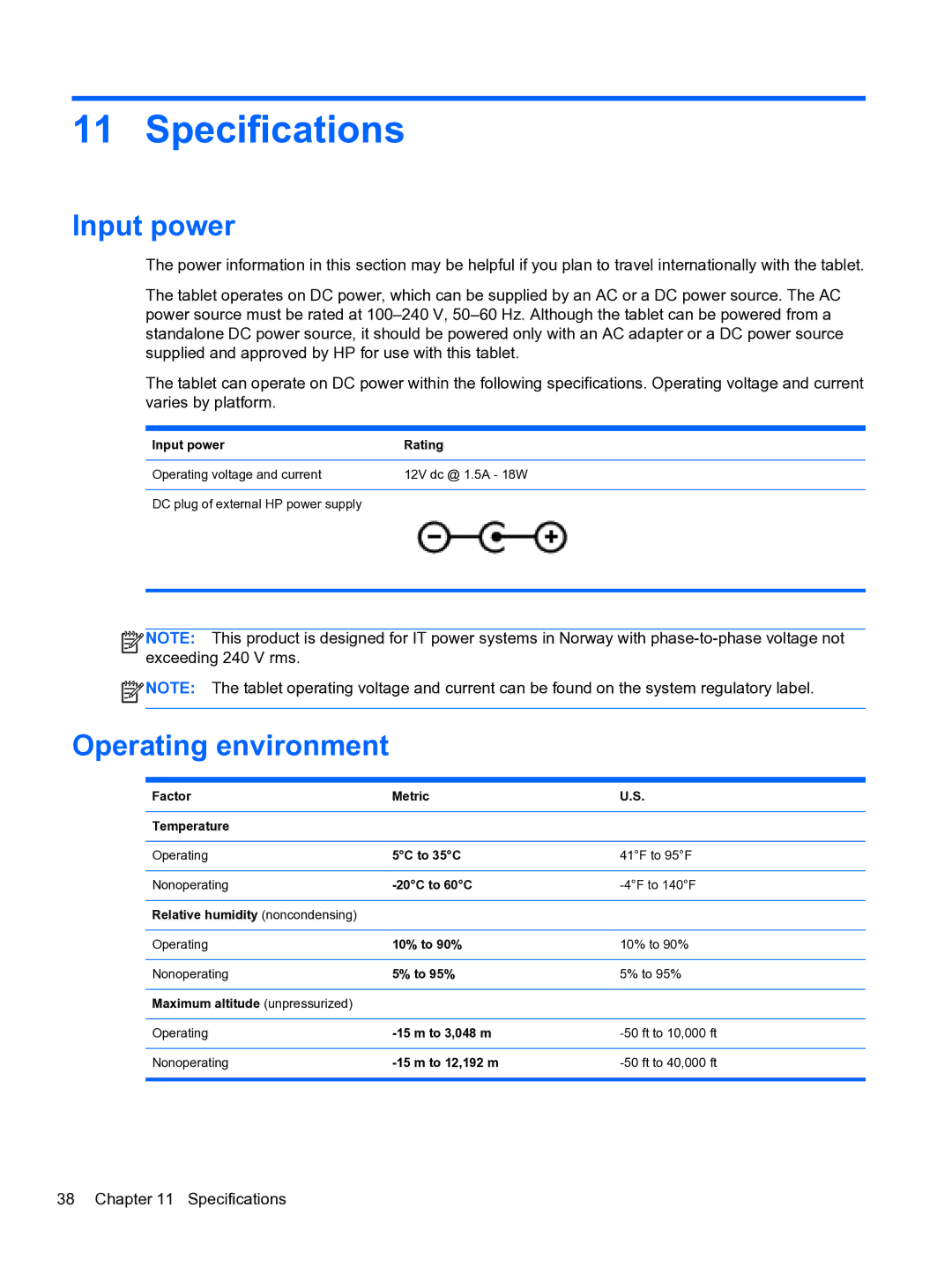 HP 10 5600 F4C56UAABA manual Specifications, Input power, Operating environment 