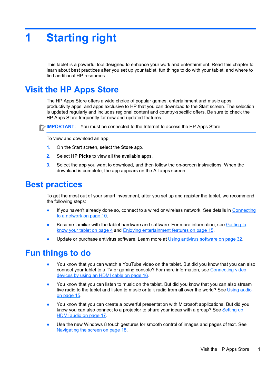 HP 10 5600 F4C56UAABA manual Starting right, Visit the HP Apps Store, Best practices, Fun things to do 