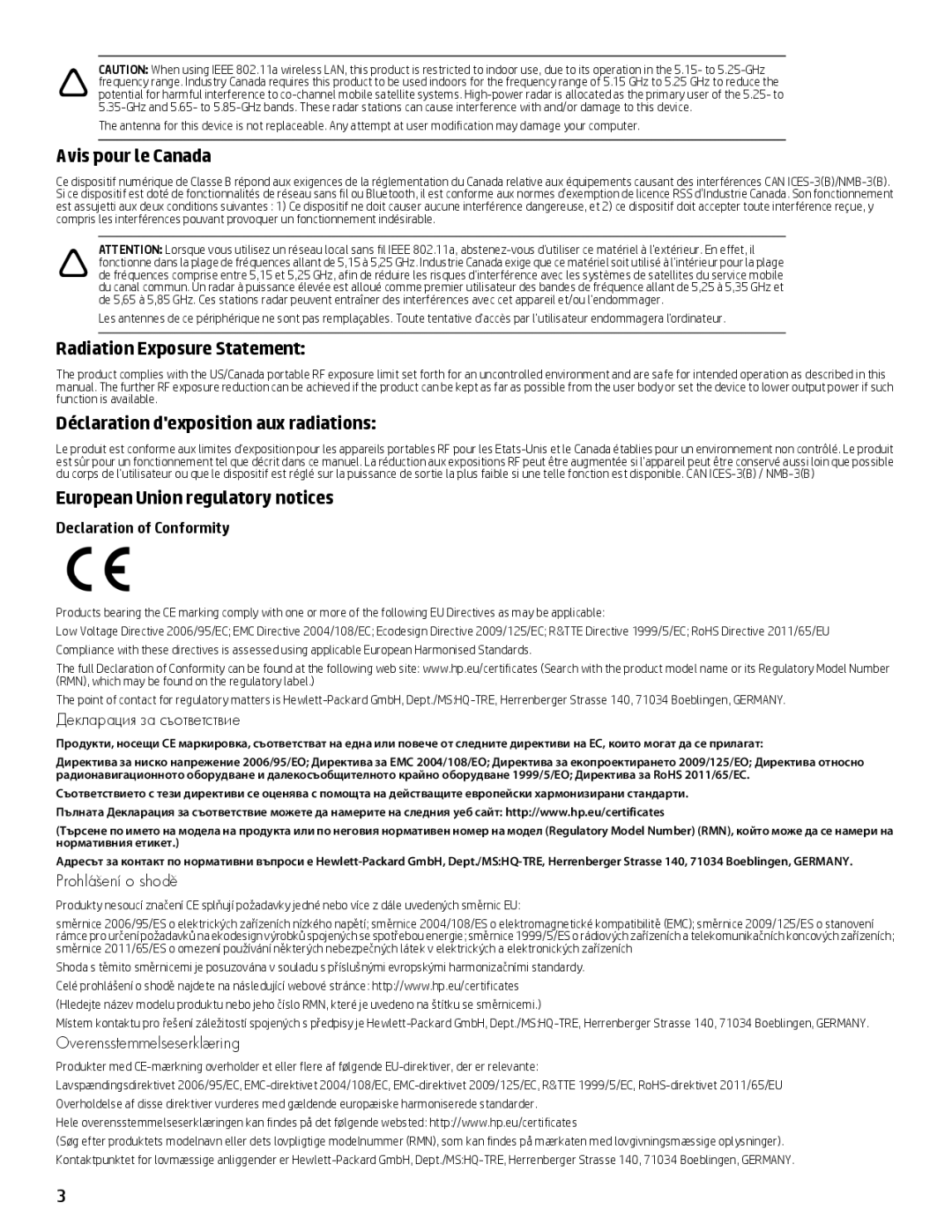 HP 10 5620, 10 5600ca, 10 5600us Avis pour le Canada, Radiation Exposure Statement, Déclaration dexposition aux radiations 