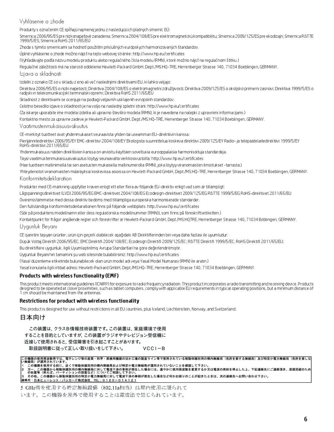 HP 10 5600us, 10 5600ca Products with wireless functionality EMF, Restrictions for product with wireless functionality 