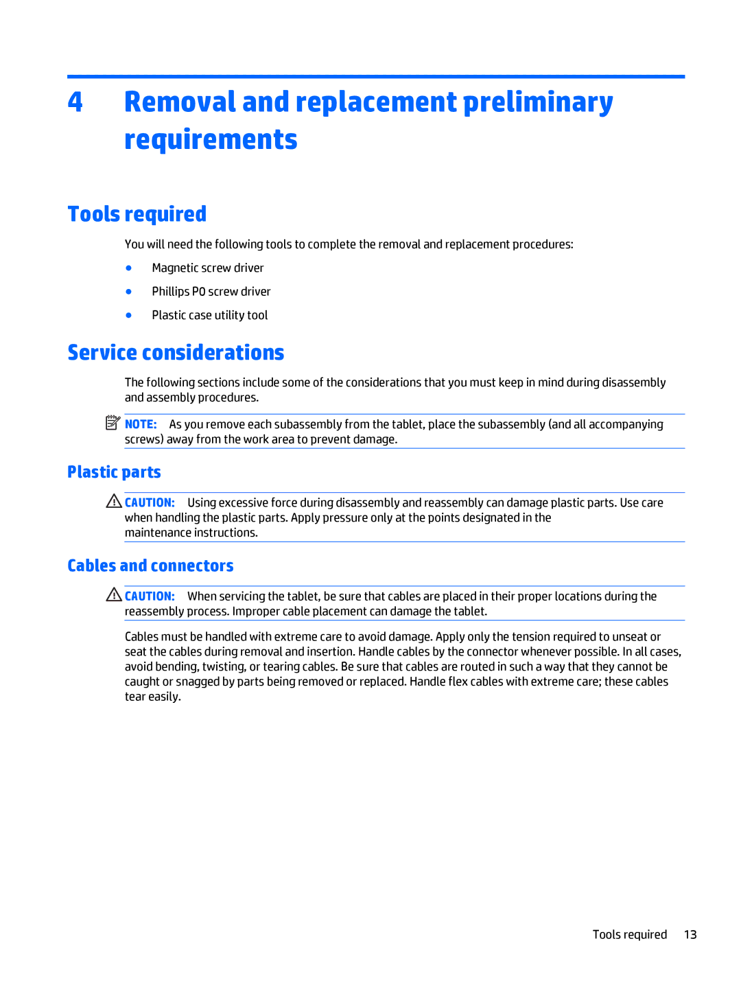 HP 10 EE G1 Healthcare manual Removal and replacement preliminary requirements, Tools required, Service considerations 