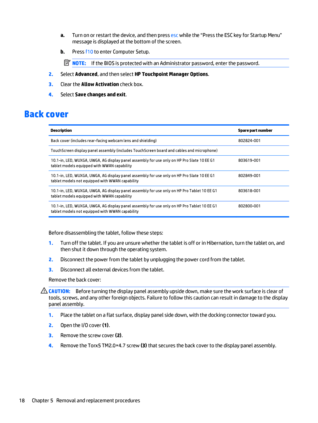 HP 10 EE G1 Healthcare manual Back cover, Description Spare part number 