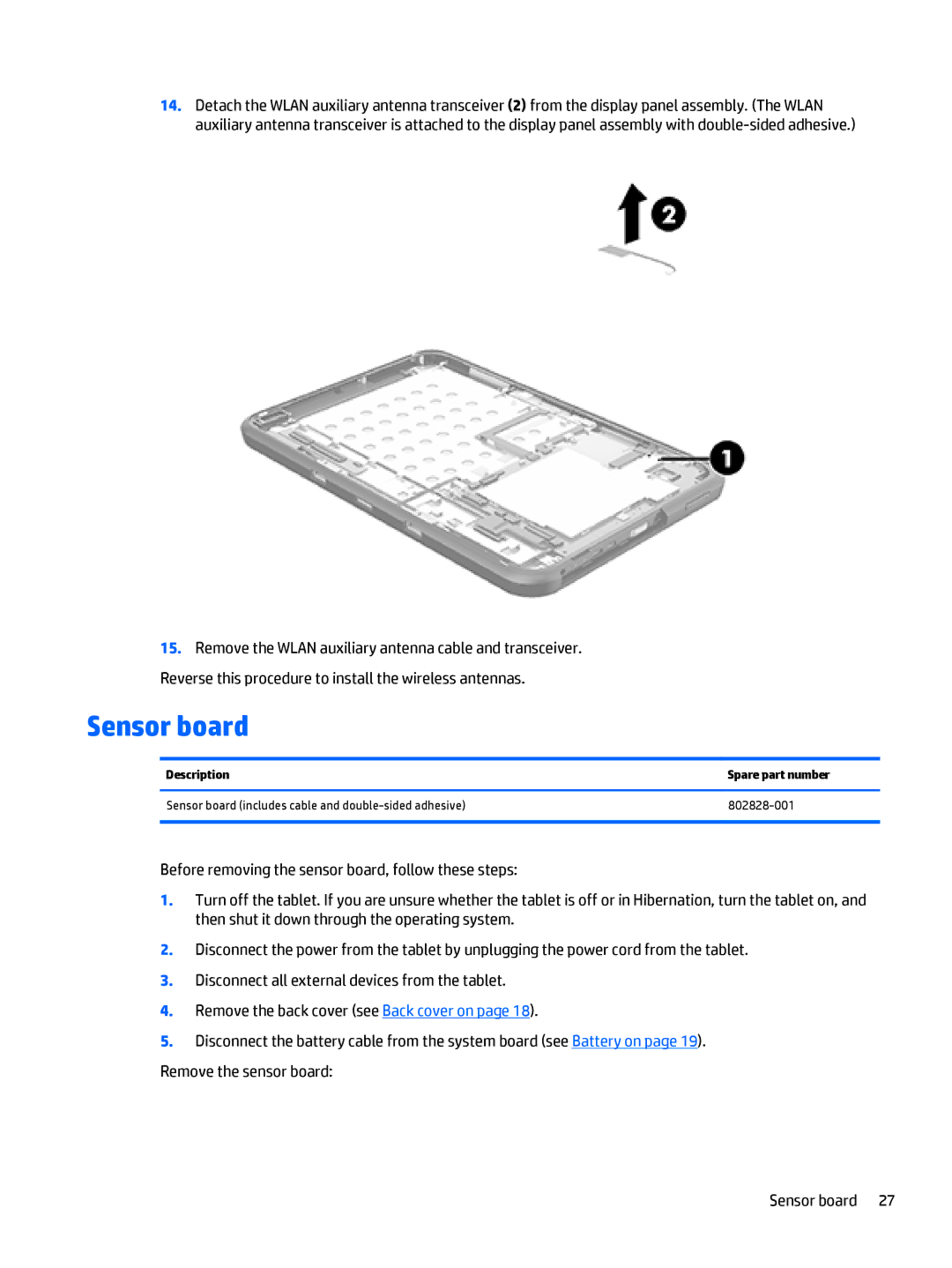 HP 10 EE G1 Healthcare manual Sensor board, Description Spare part number 