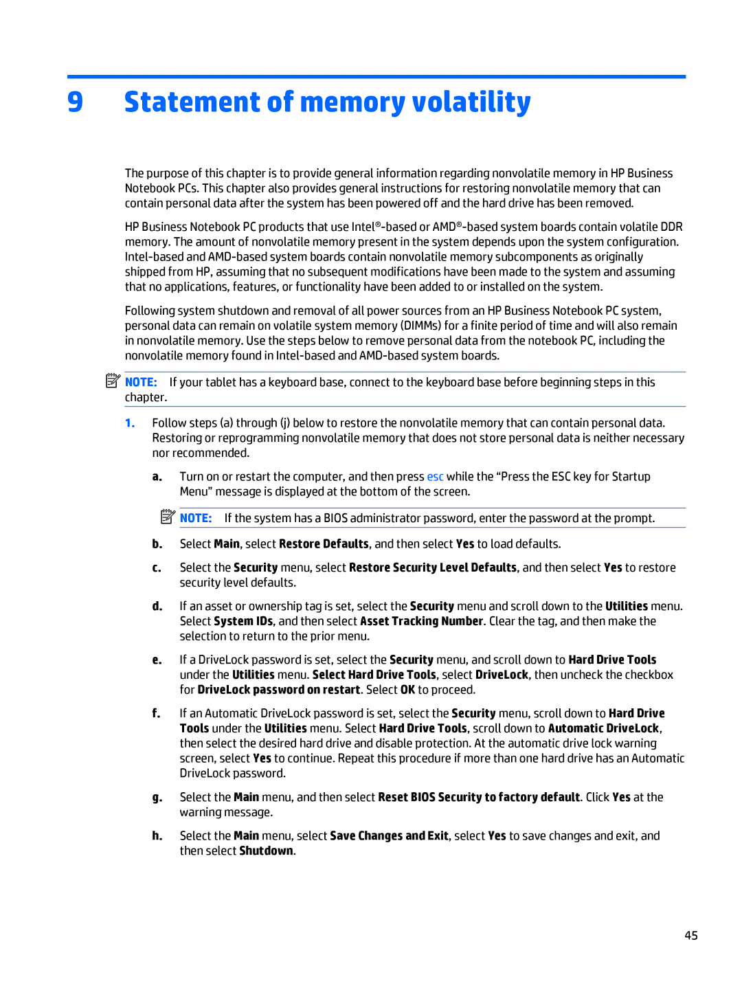 HP 10 EE G1 Healthcare manual Statement of memory volatility 