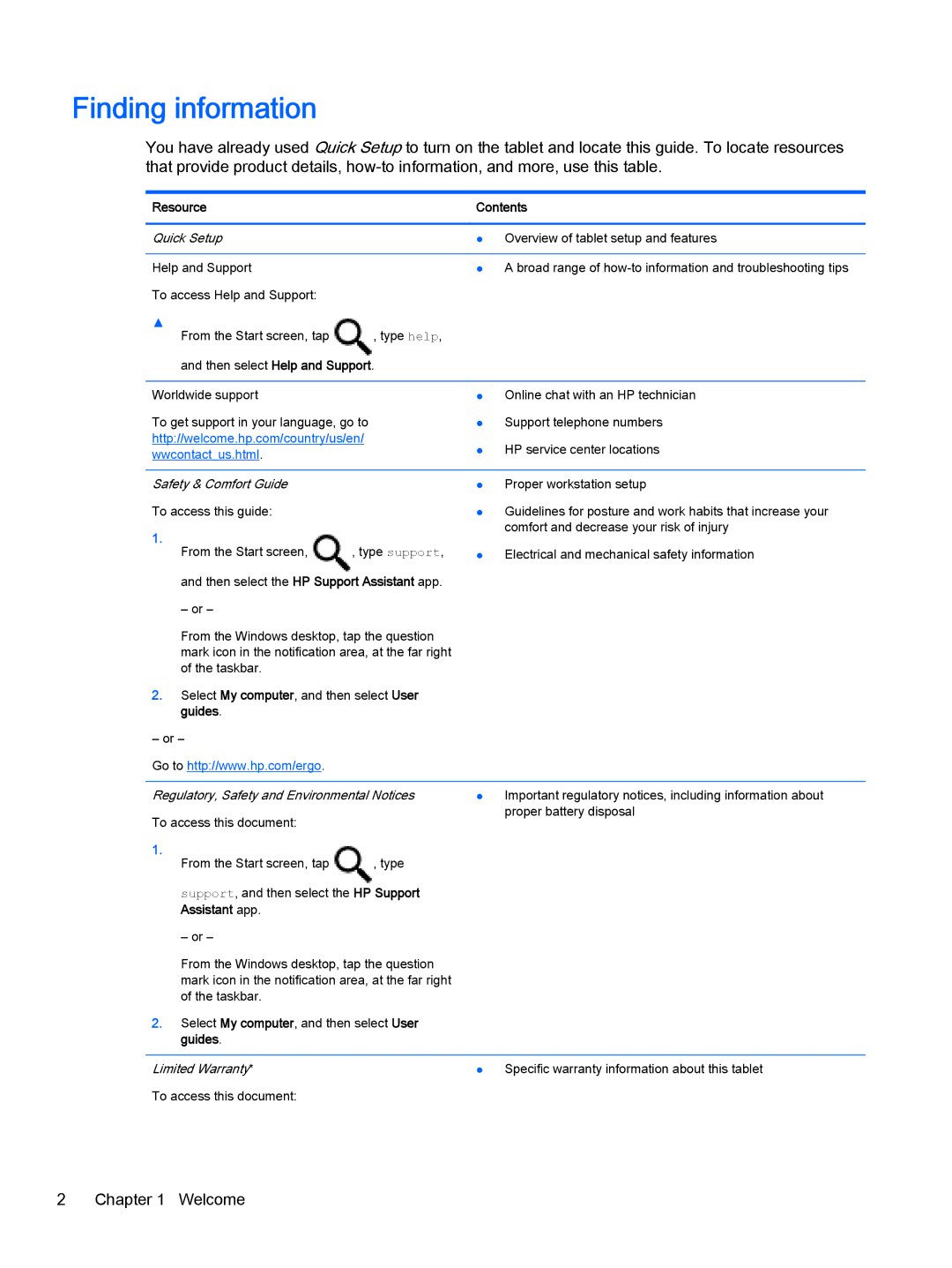 HP 10 EE G1 manual Finding information, Resource Contents 