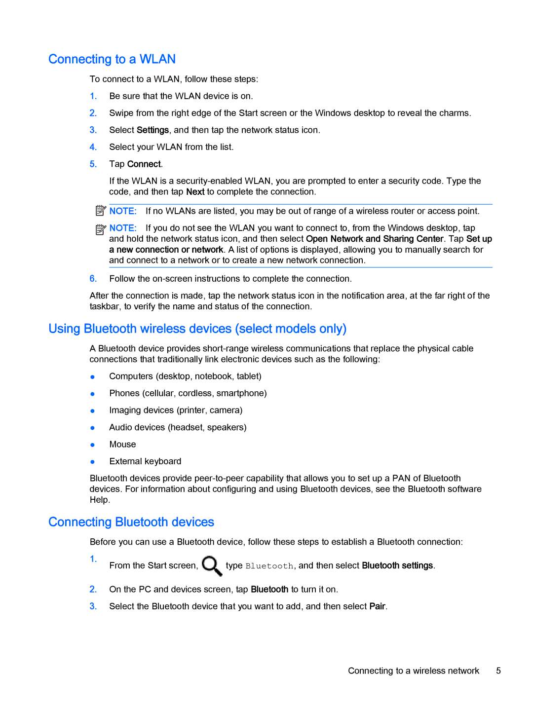 HP 10 EE G1 manual Connecting to a Wlan, Using Bluetooth wireless devices select models only, Connecting Bluetooth devices 