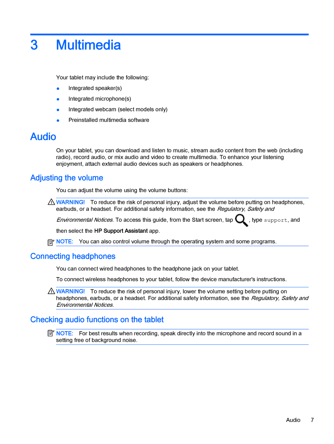 HP 10 EE G1 manual Multimedia, Audio, Adjusting the volume, Connecting headphones, Checking audio functions on the tablet 