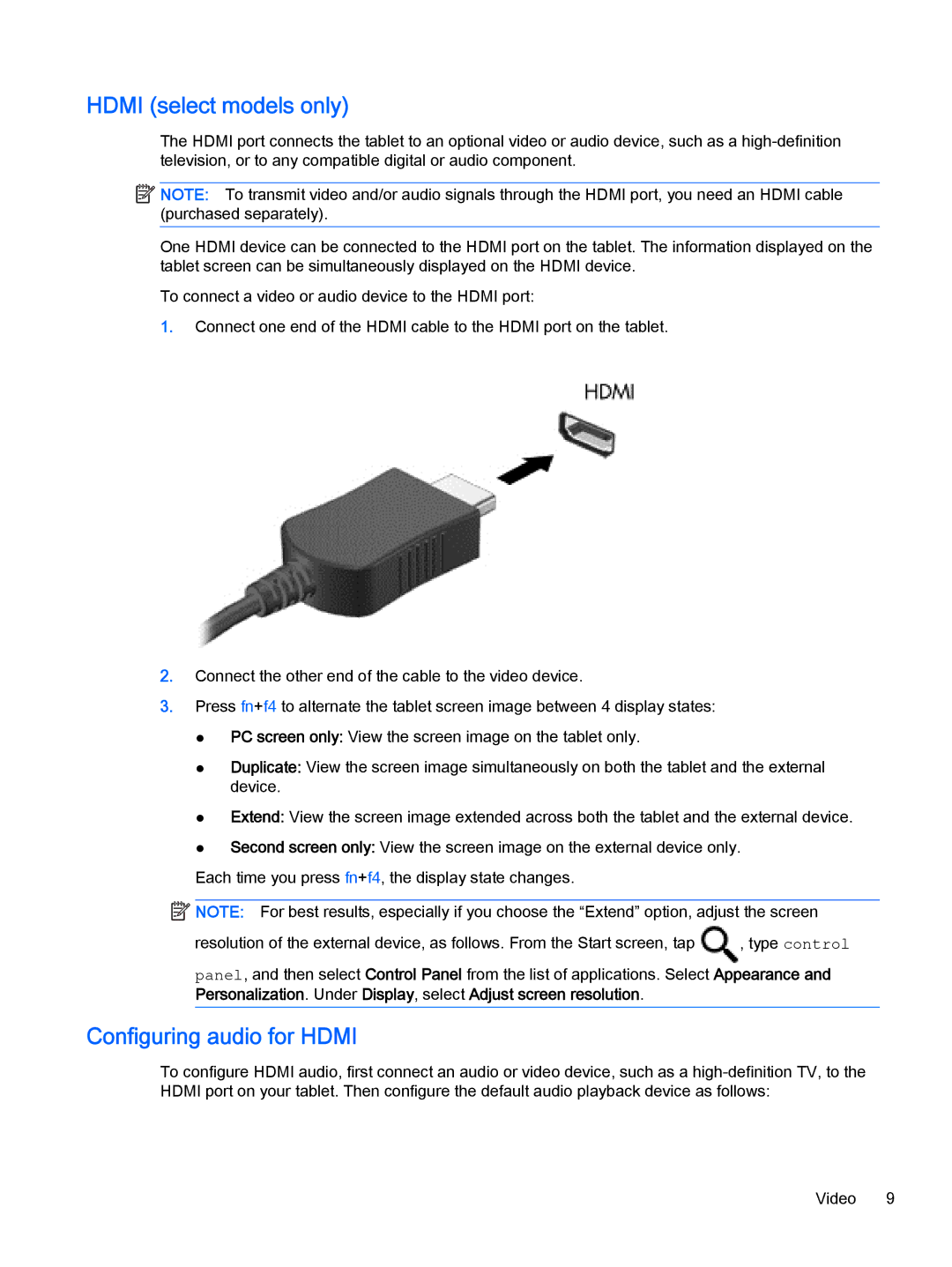 HP 10 EE G1 manual Hdmi select models only, Configuring audio for Hdmi 