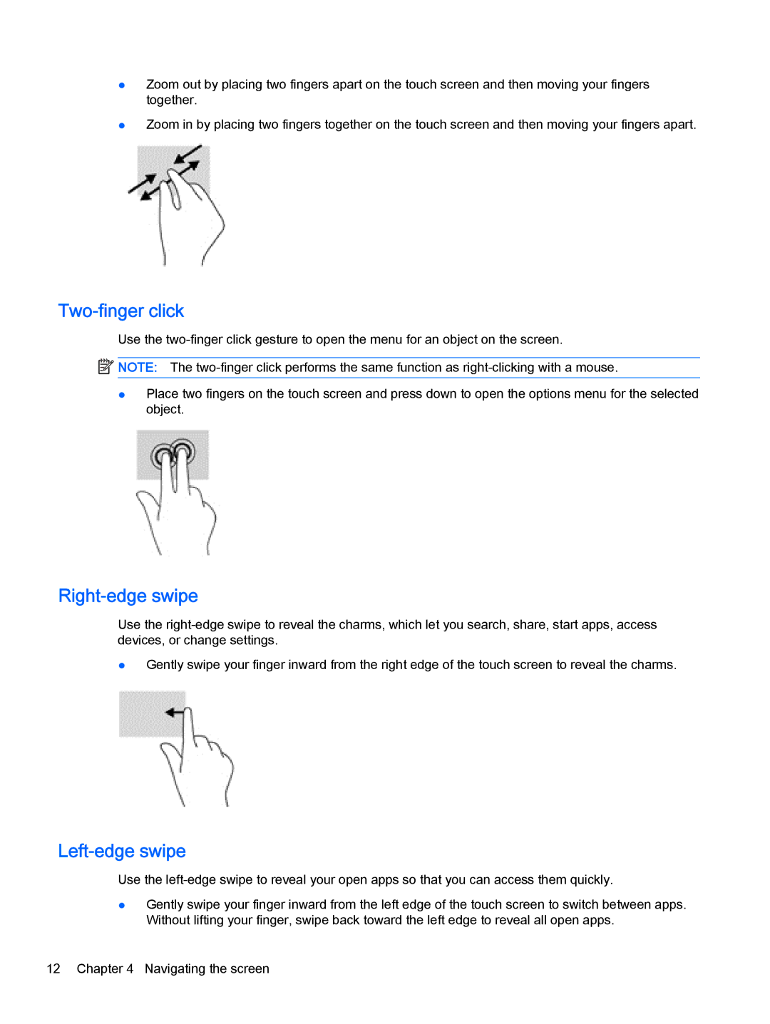 HP 10 EE G1 manual Two-finger click, Right-edge swipe, Left-edge swipe 