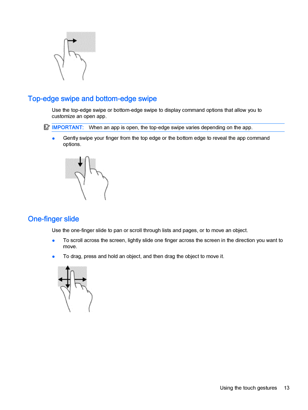 HP 10 EE G1 manual Top-edge swipe and bottom-edge swipe, One-finger slide 