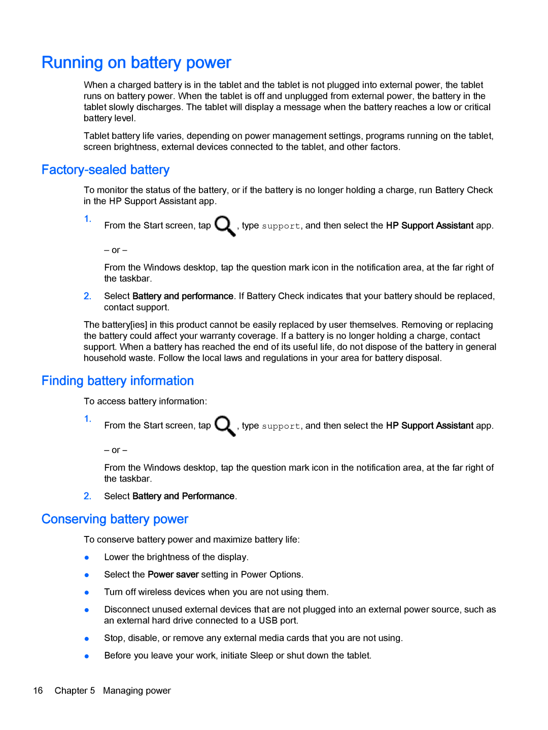 HP 10 EE G1 manual Running on battery power, Factory-sealed battery, Finding battery information, Conserving battery power 