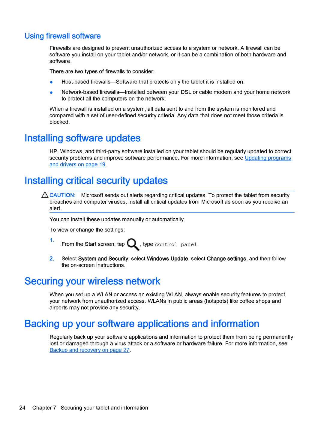 HP 10 EE G1 manual Installing software updates, Installing critical security updates, Securing your wireless network 