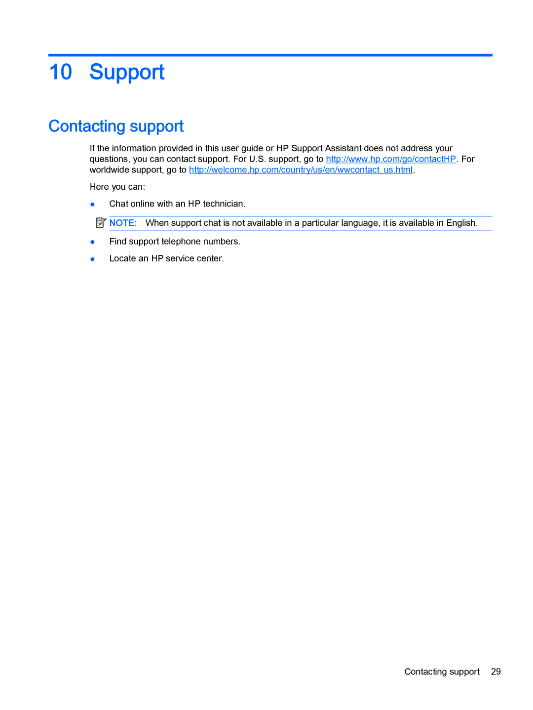 HP 10 EE G1 manual Support, Contacting support 